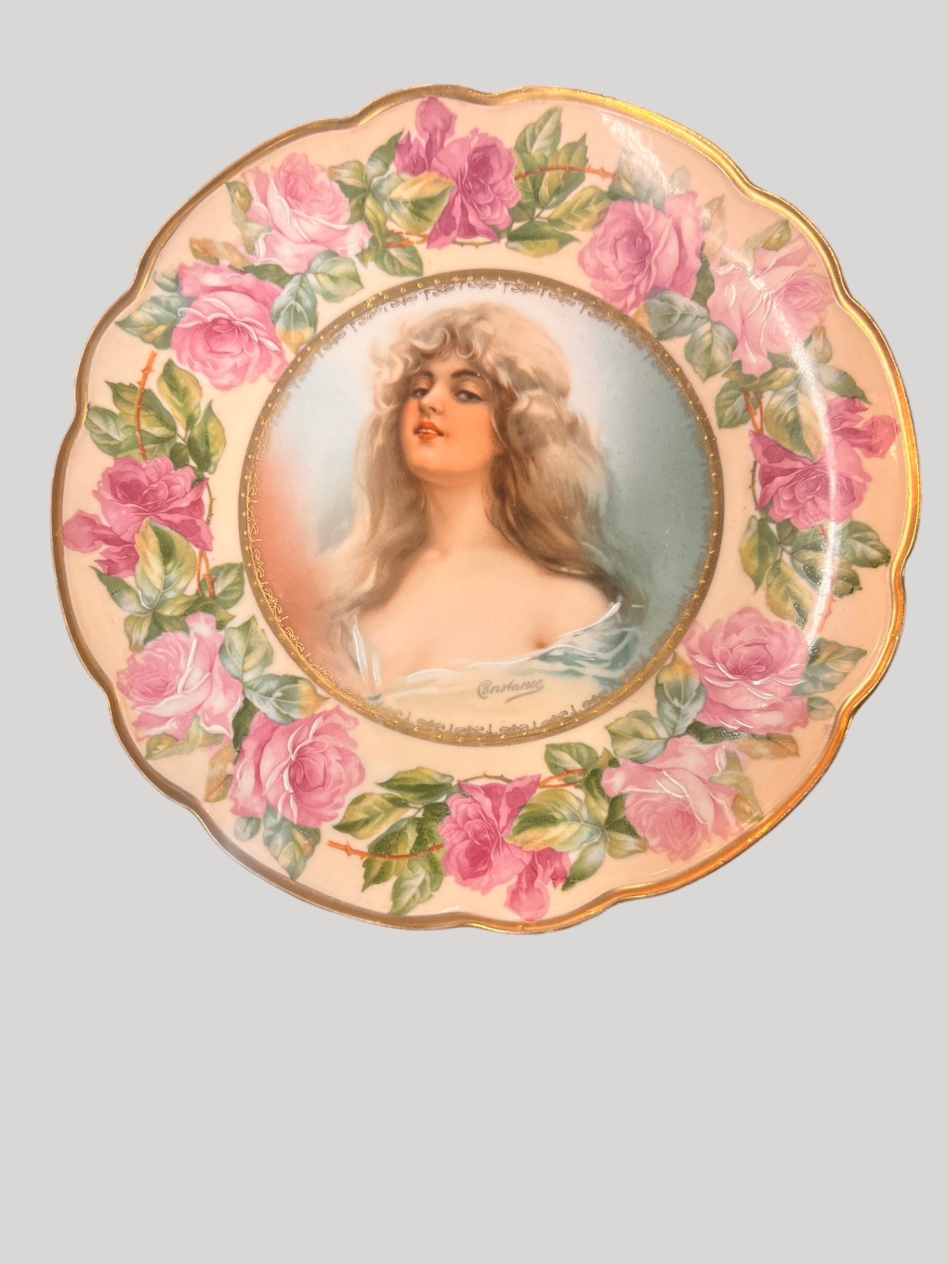 Antique M.Z. Austria hand-painted portrait plate, “Contance” pattern, pink rose border, circa 1890–1918