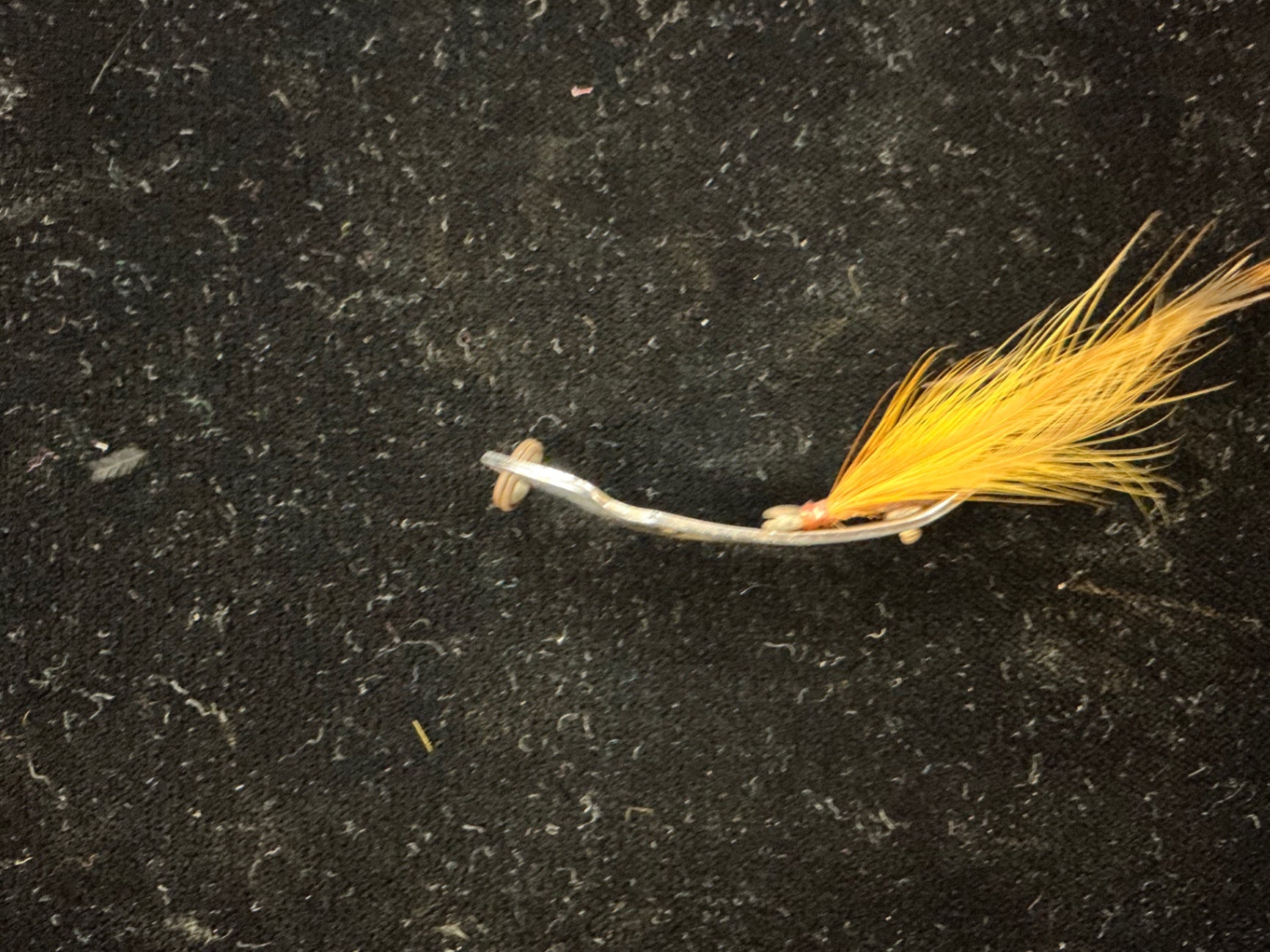 Vintage Bent-Wire Feathered Fishing Hook – Chrome Finish with Yellow Hackle