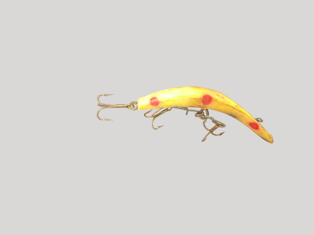 Vintage Wooden Fishing Lure – Yellow with Red & Black Spots – Curved Body Crankbait