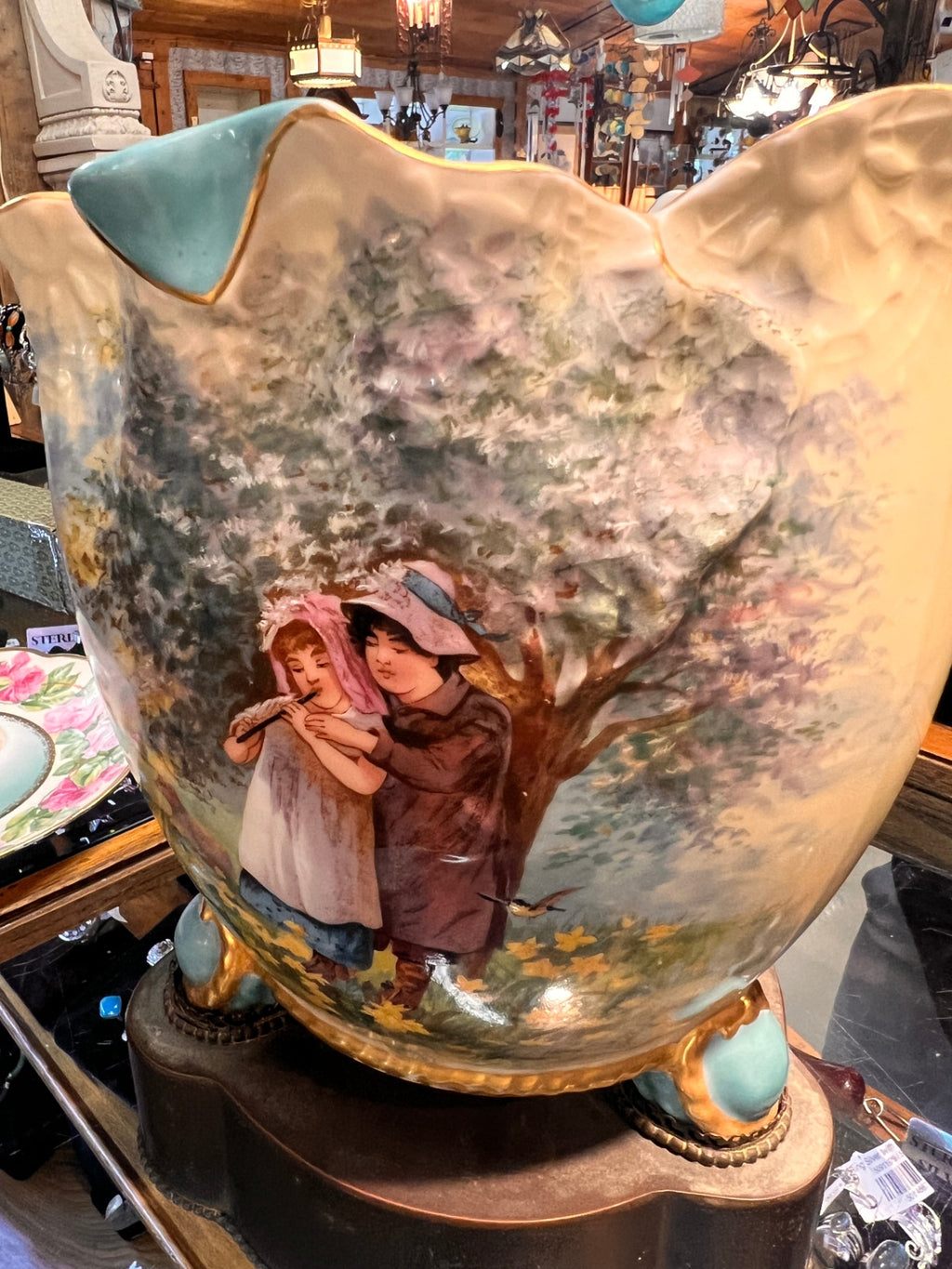 Antique Limoges France Hand-Painted Porcelain Jardinière with Figural Scene & Gilded Accents