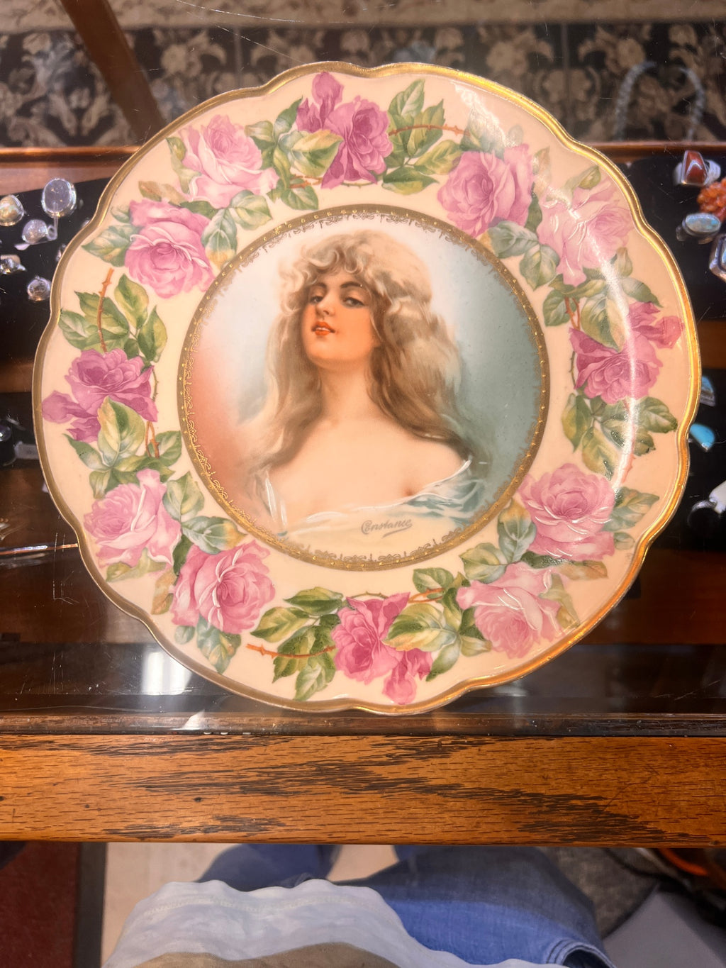 Antique M.Z. Austria hand-painted portrait plate, “Contance” pattern, pink rose border, circa 1890–1918