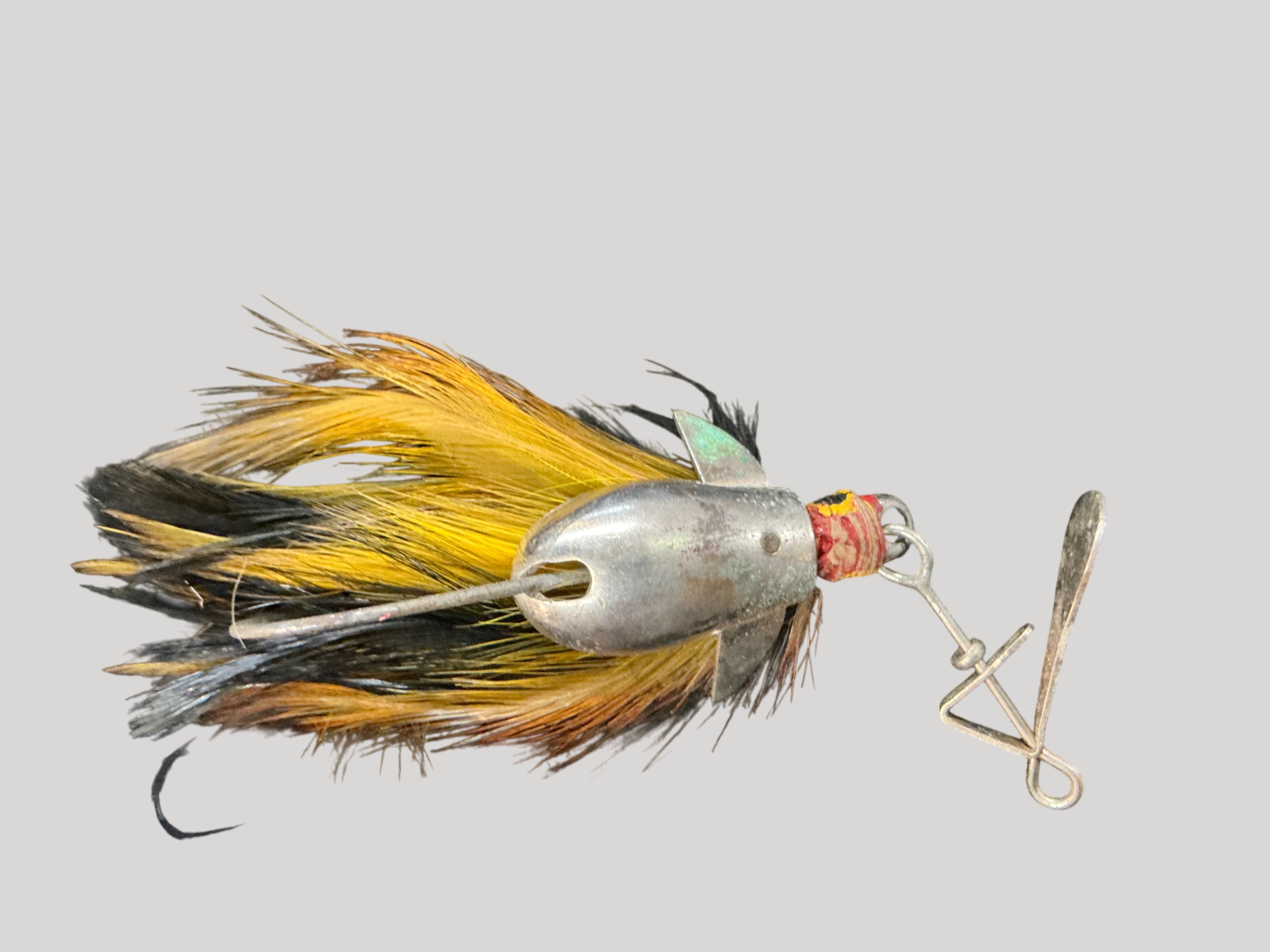 Vintage Yellow & Black Feathered Spinner Lure – Bullet-Shaped Head with Weed Guard – Early Freshwater Fishing Tackle