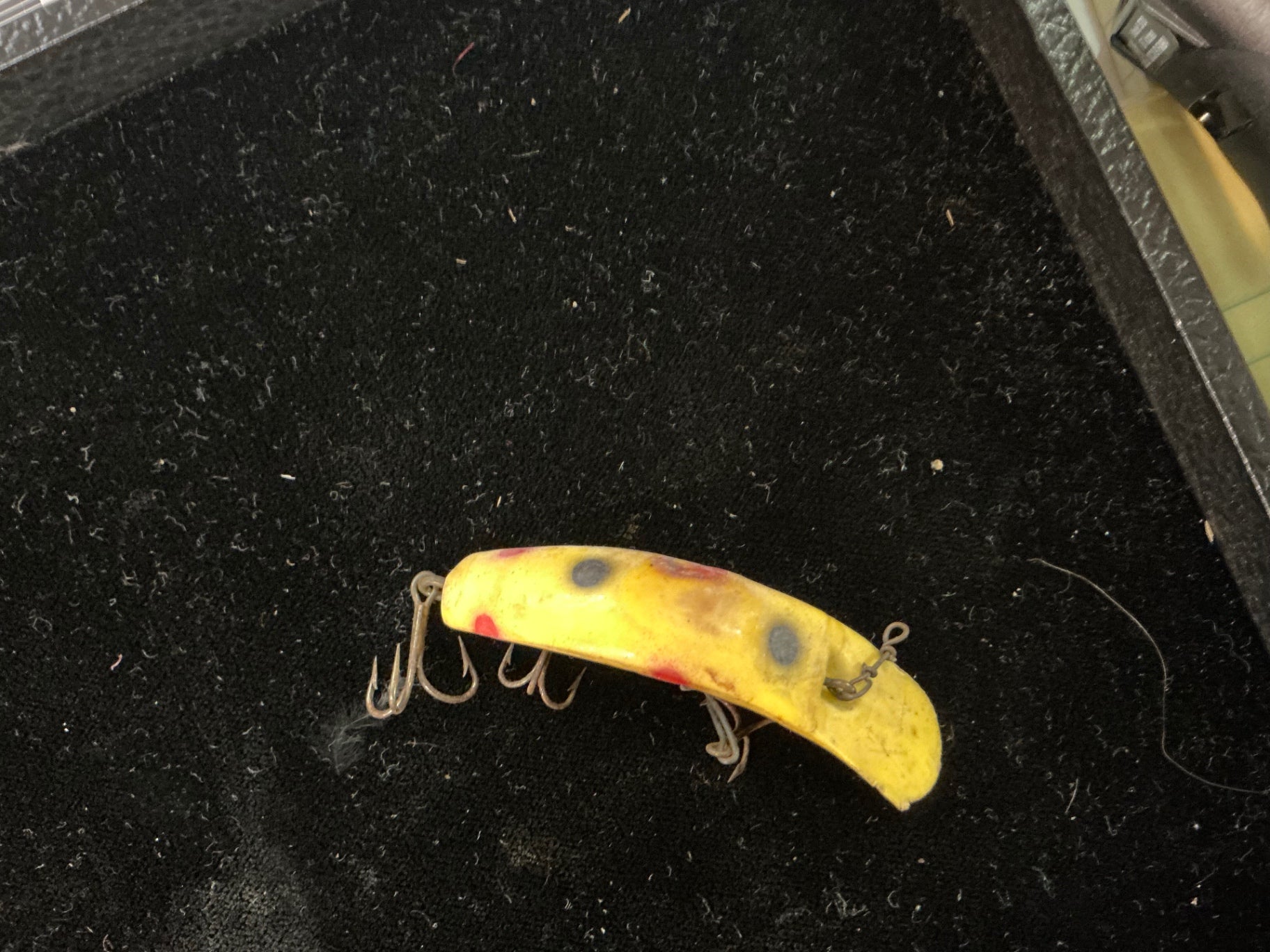 Vintage Wooden Fishing Lure – Yellow with Red & Black Spots – Curved Body Crankbait
