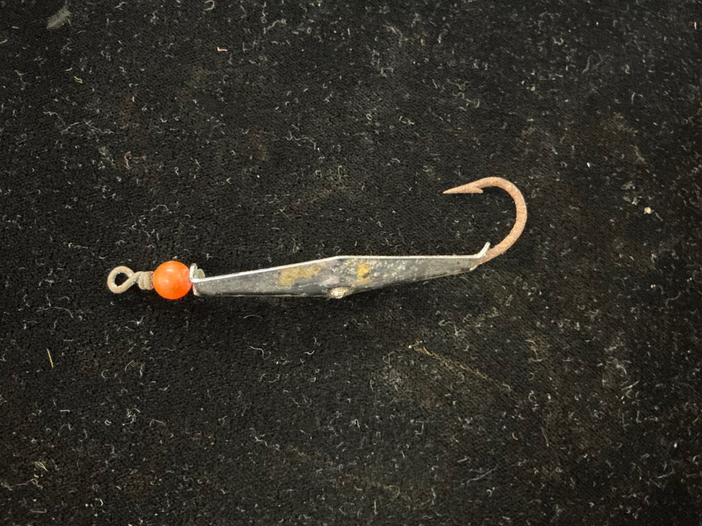 Vintage Ice Fishing Jigging Spoon – Diamond Shape Chrome with Red Bead – Single Hook