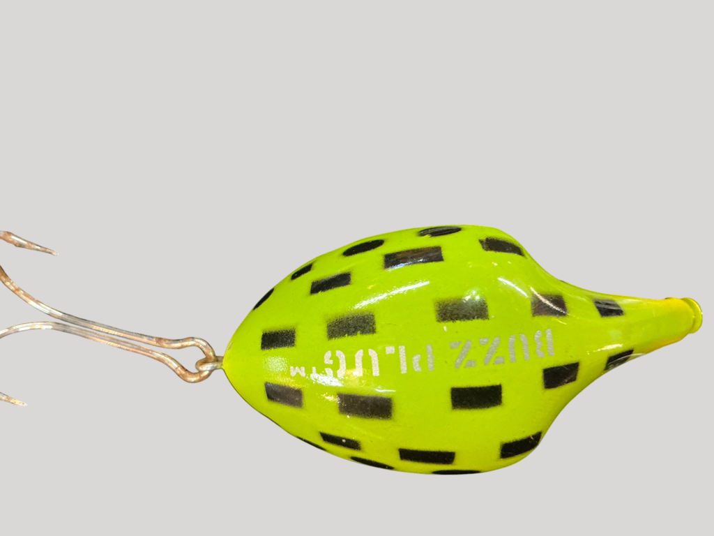 Vintage Heddon Buzz Plug – Chartreuse Black Checker Pattern – 1970s