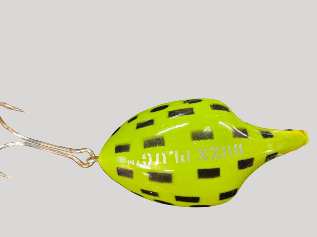 Vintage Heddon Buzz Plug – Chartreuse Black Checker Pattern – 1970s
