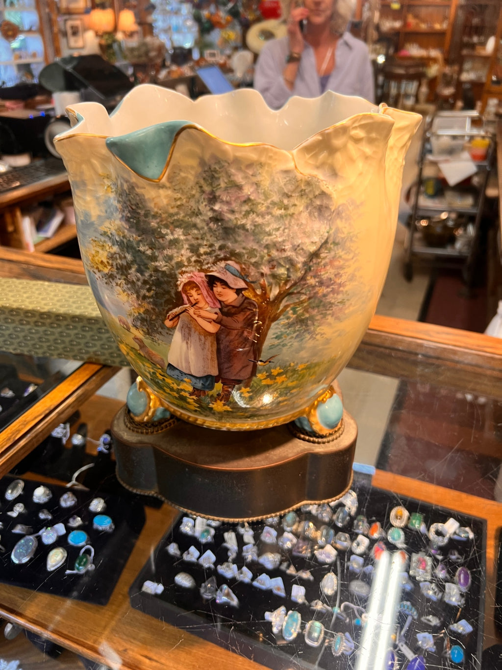 Antique Limoges France Hand-Painted Porcelain Jardinière with Figural Scene & Gilded Accents