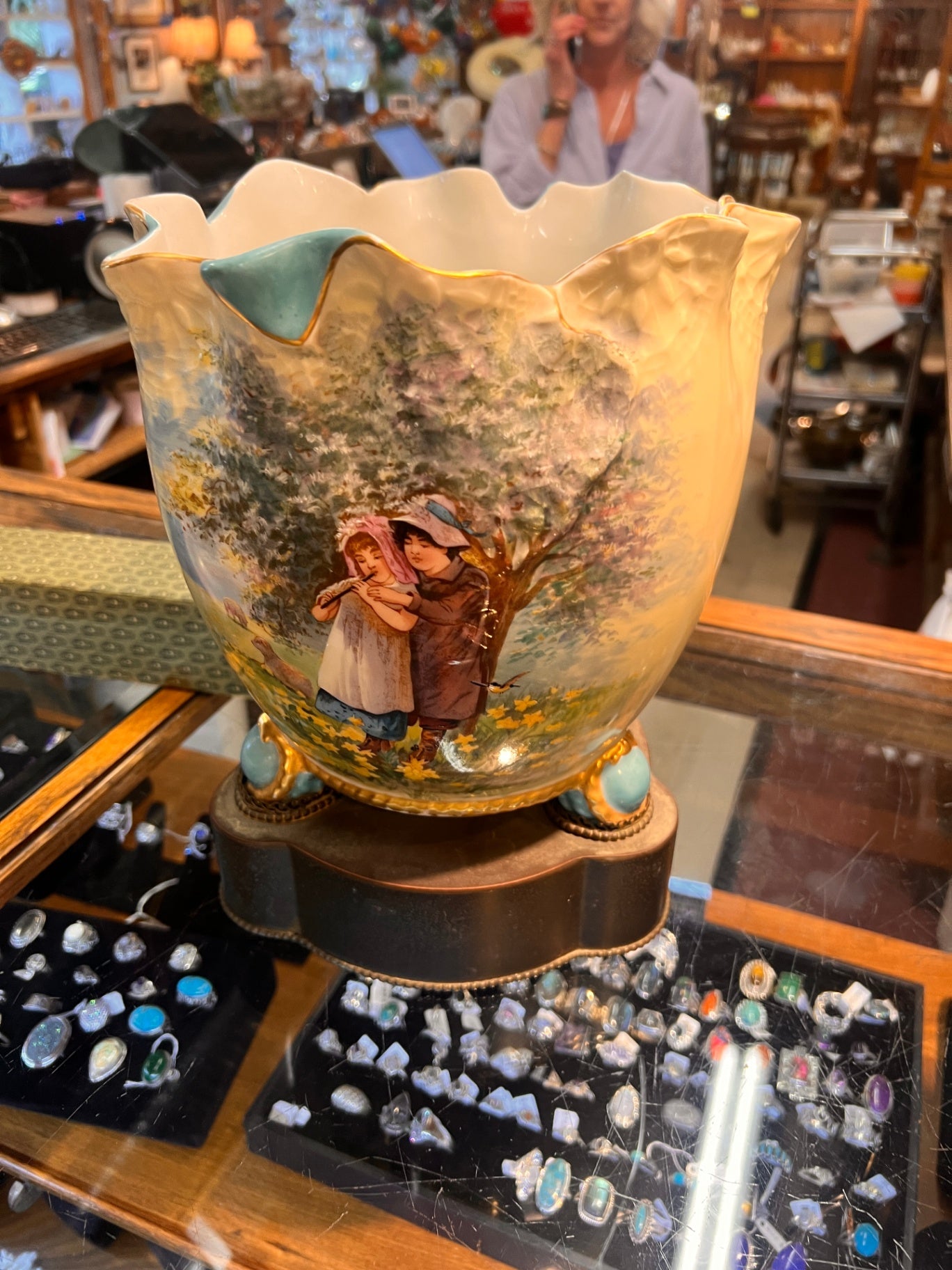 Antique Limoges France Hand-Painted Porcelain Jardinière with Figural Scene & Gilded Accents