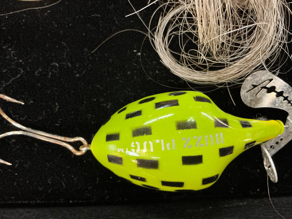 Vintage Heddon Buzz Plug – Chartreuse Black Checker Pattern – 1970s
