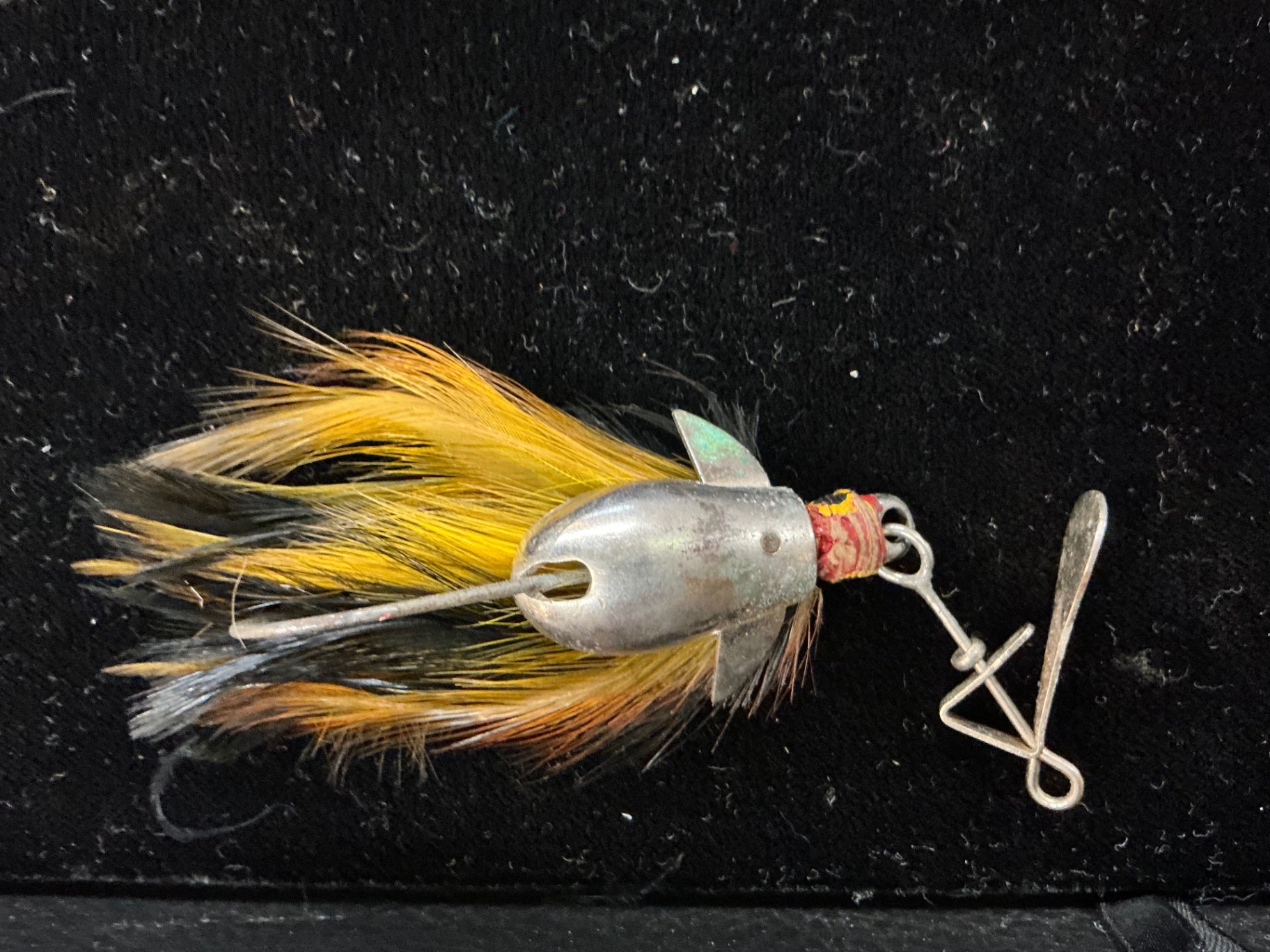 Vintage Yellow & Black Feathered Spinner Lure – Bullet-Shaped Head with Weed Guard – Early Freshwater Fishing Tackle