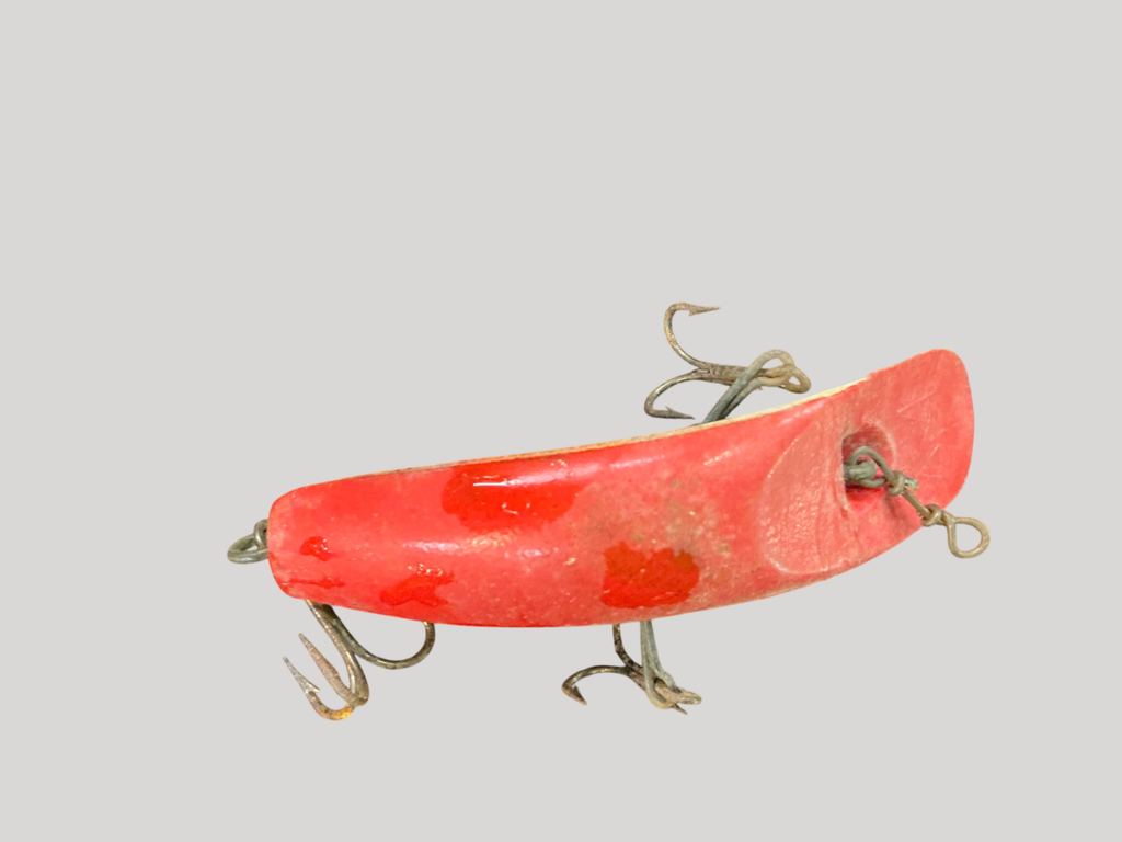 Vintage Wooden Red & White Fishing Plug – 3 Treble Hooks – Curved Body Design