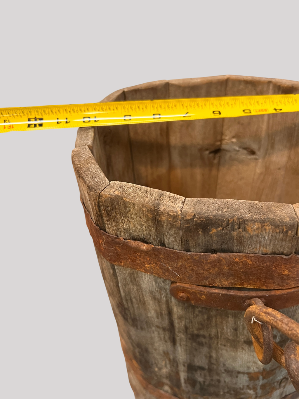 Antique wooden well bucket, ~18" tall, iron banded