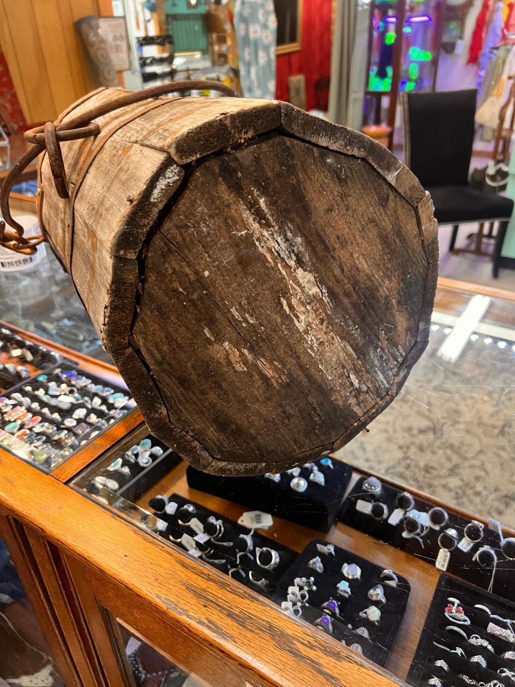 Antique wooden well bucket, ~18" tall, iron banded