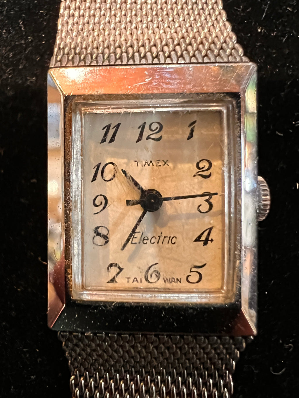 Vintage Timex Electric rectangular wristwatch (silver-tone, late 1960s–early 1970s)