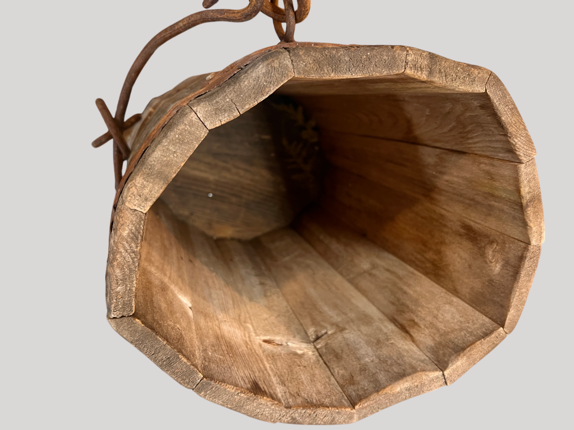 Antique wooden well bucket, ~18" tall, iron banded