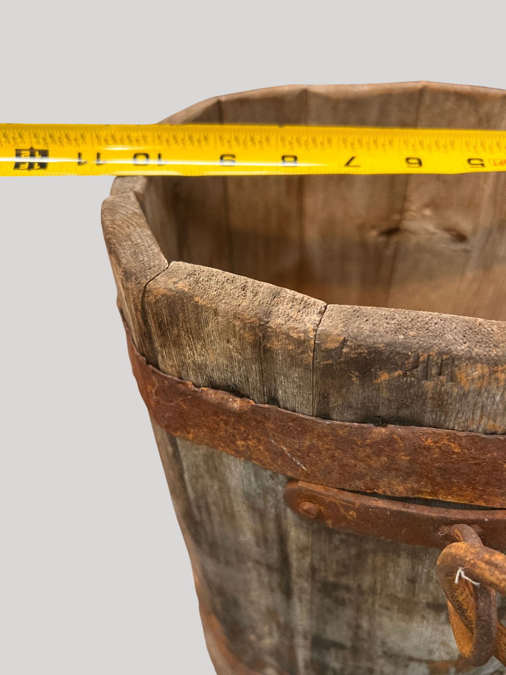 Antique wooden well bucket, ~18" tall, iron banded