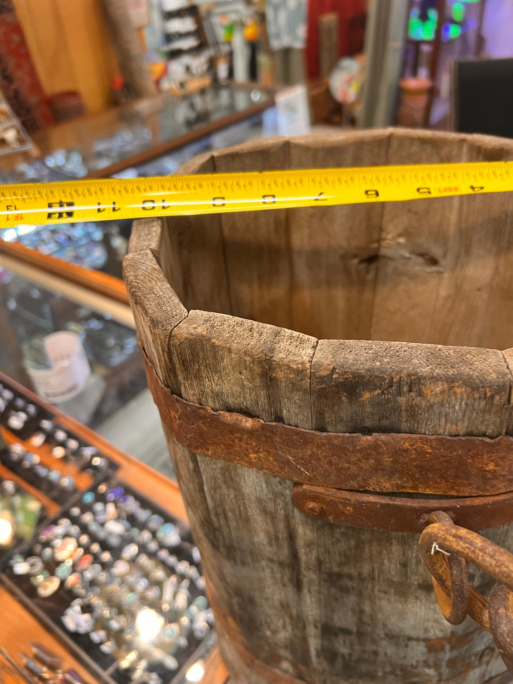 Antique wooden well bucket, ~18" tall, iron banded