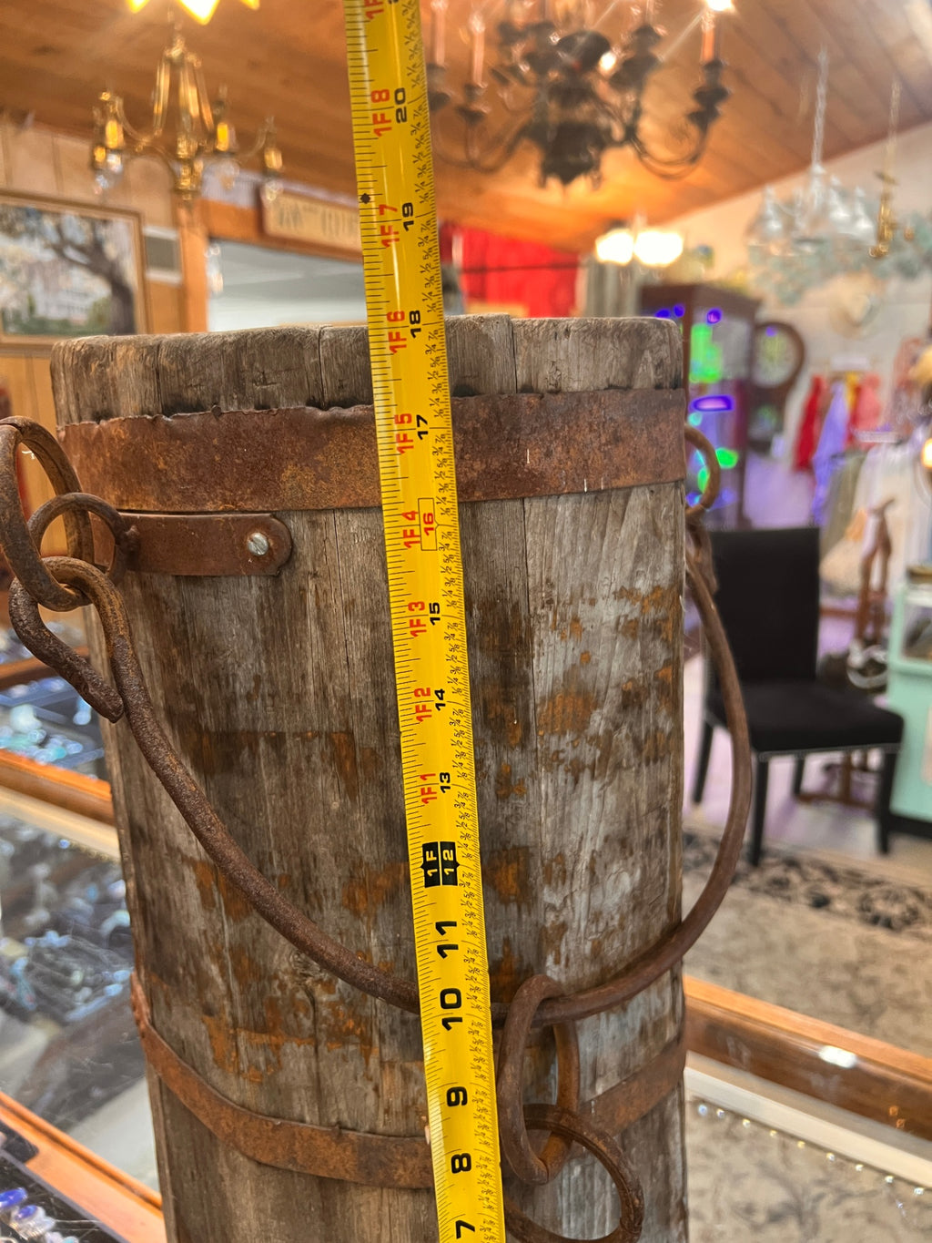 Antique wooden well bucket, ~18" tall, iron banded