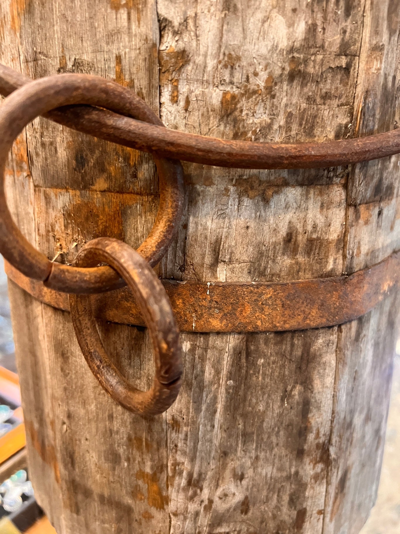 Antique wooden well bucket, ~18" tall, iron banded