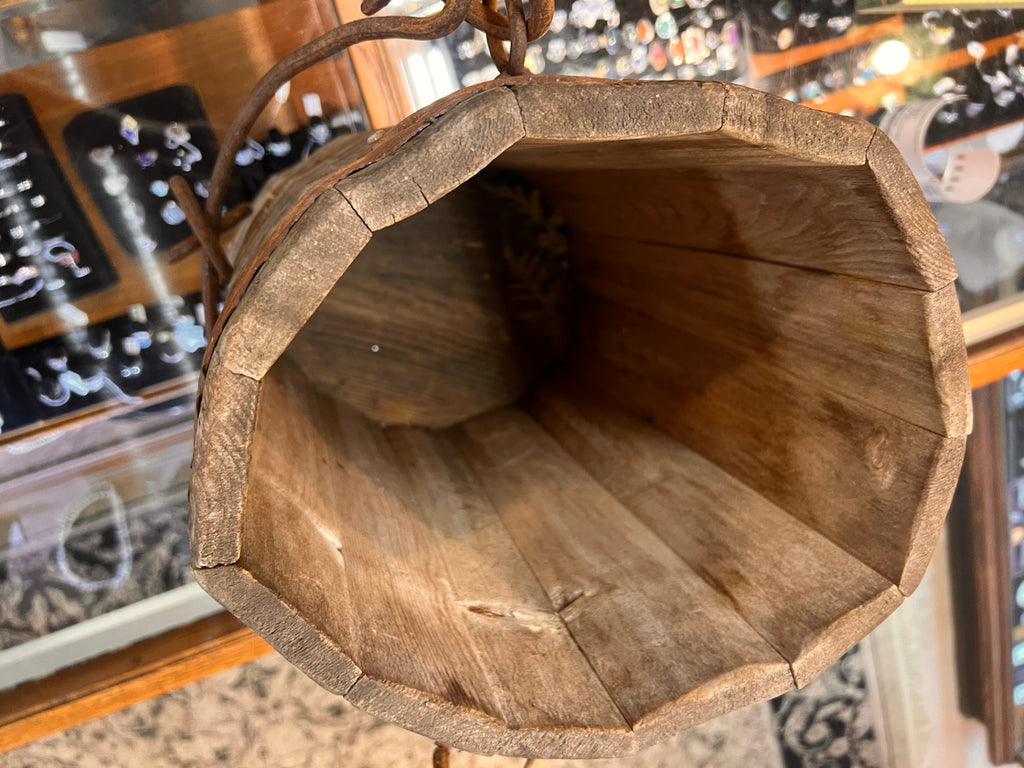 Antique wooden well bucket, ~18" tall, iron banded