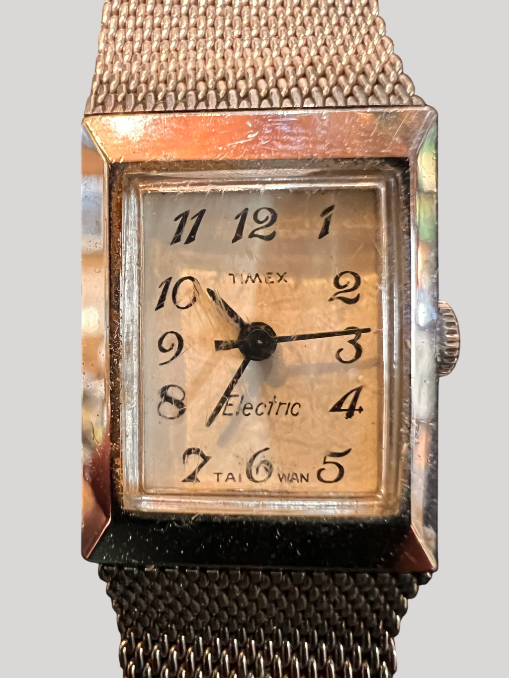 Vintage Timex Electric rectangular wristwatch (silver-tone, late 1960s–early 1970s)