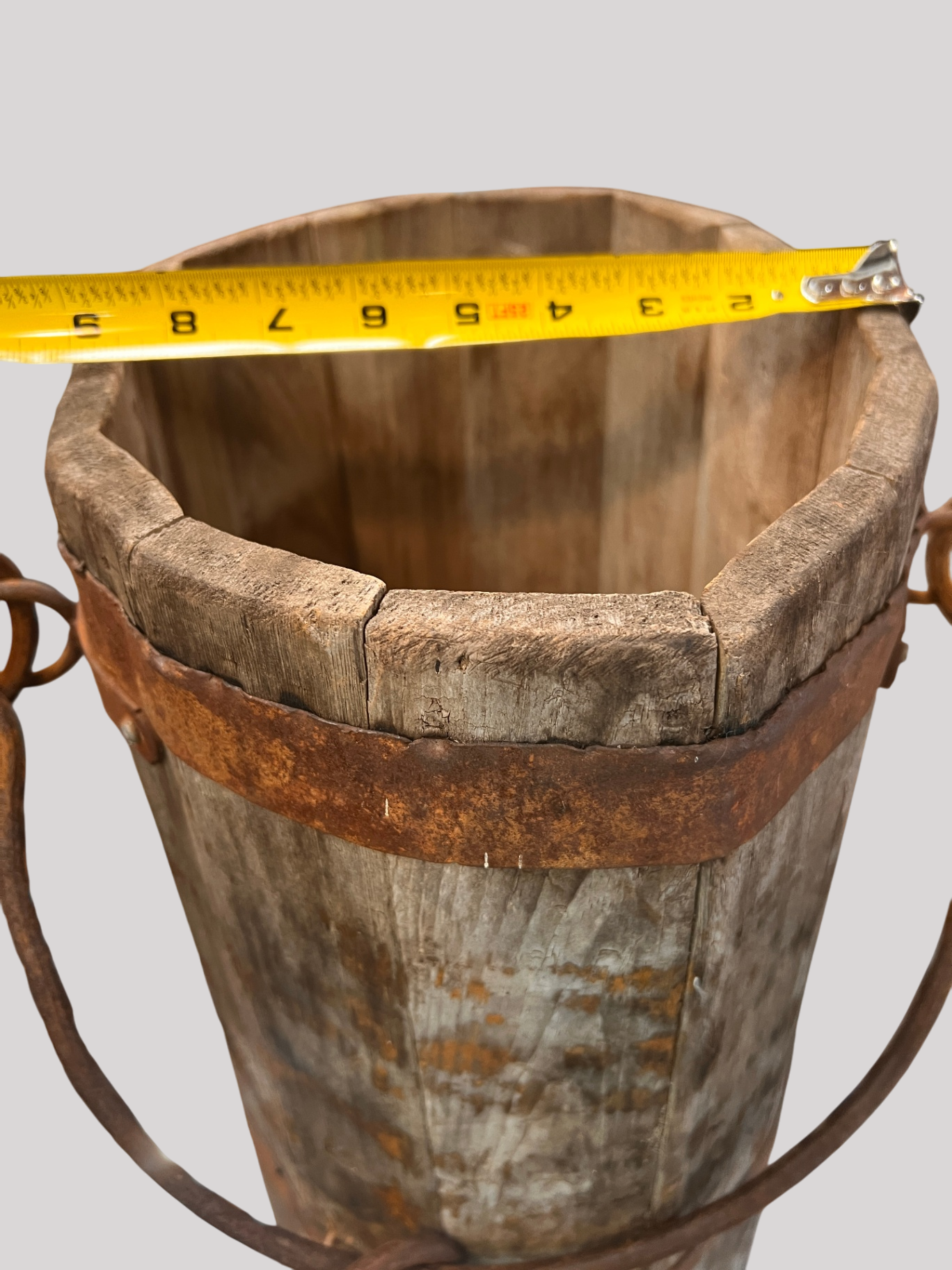 Antique wooden well bucket, ~18" tall, iron banded