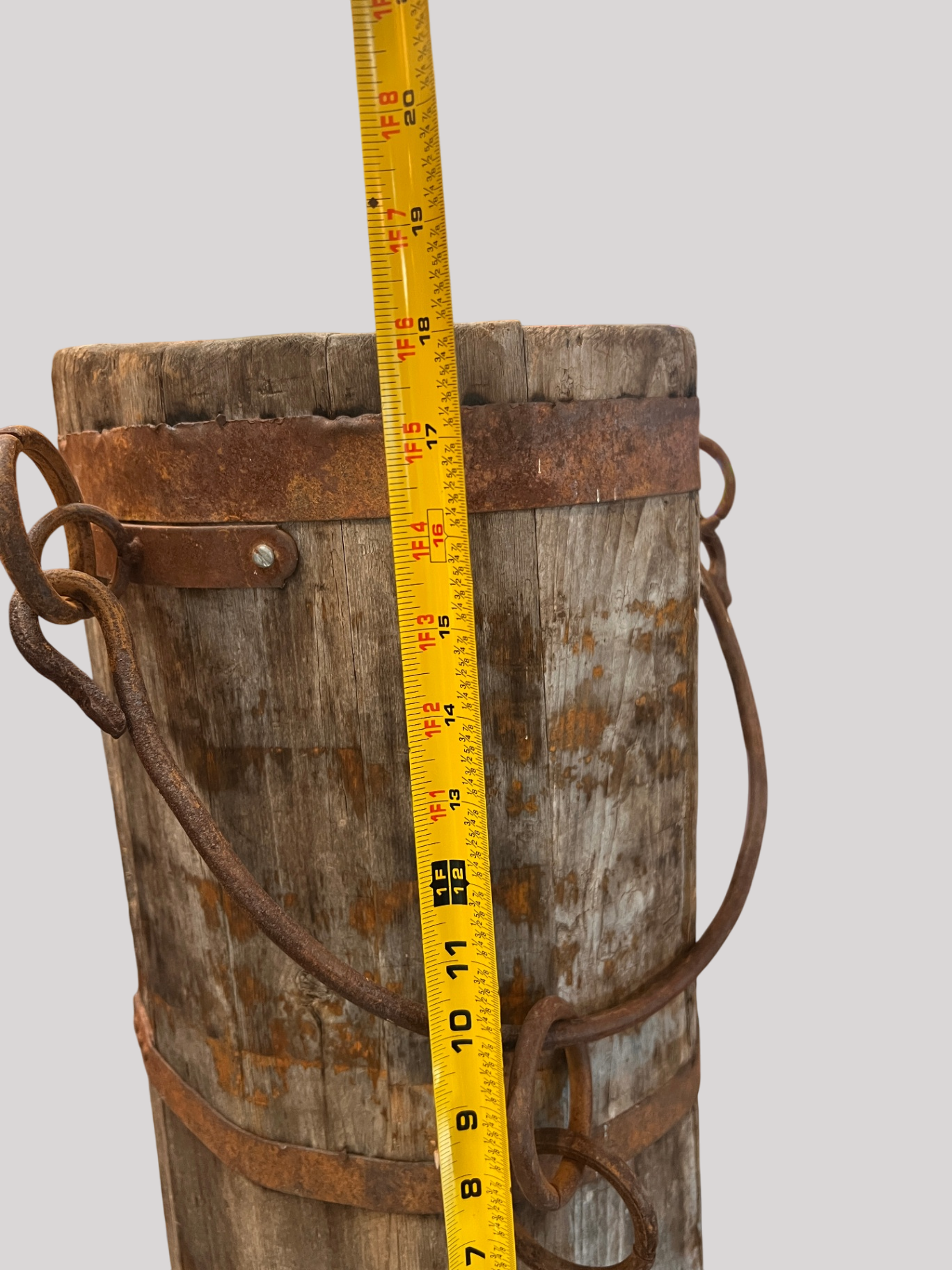 Antique wooden well bucket, ~18" tall, iron banded