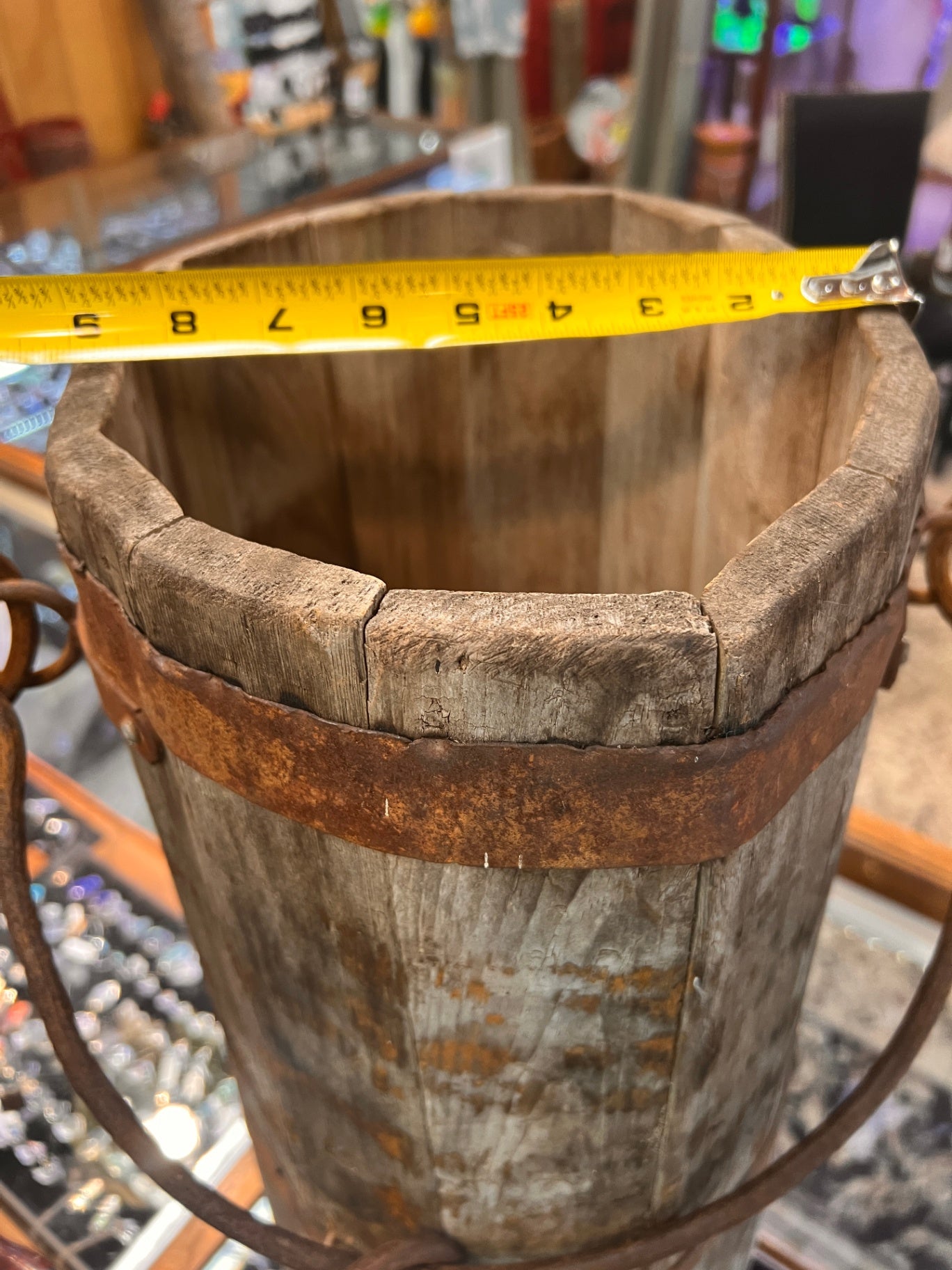 Antique wooden well bucket, ~18" tall, iron banded