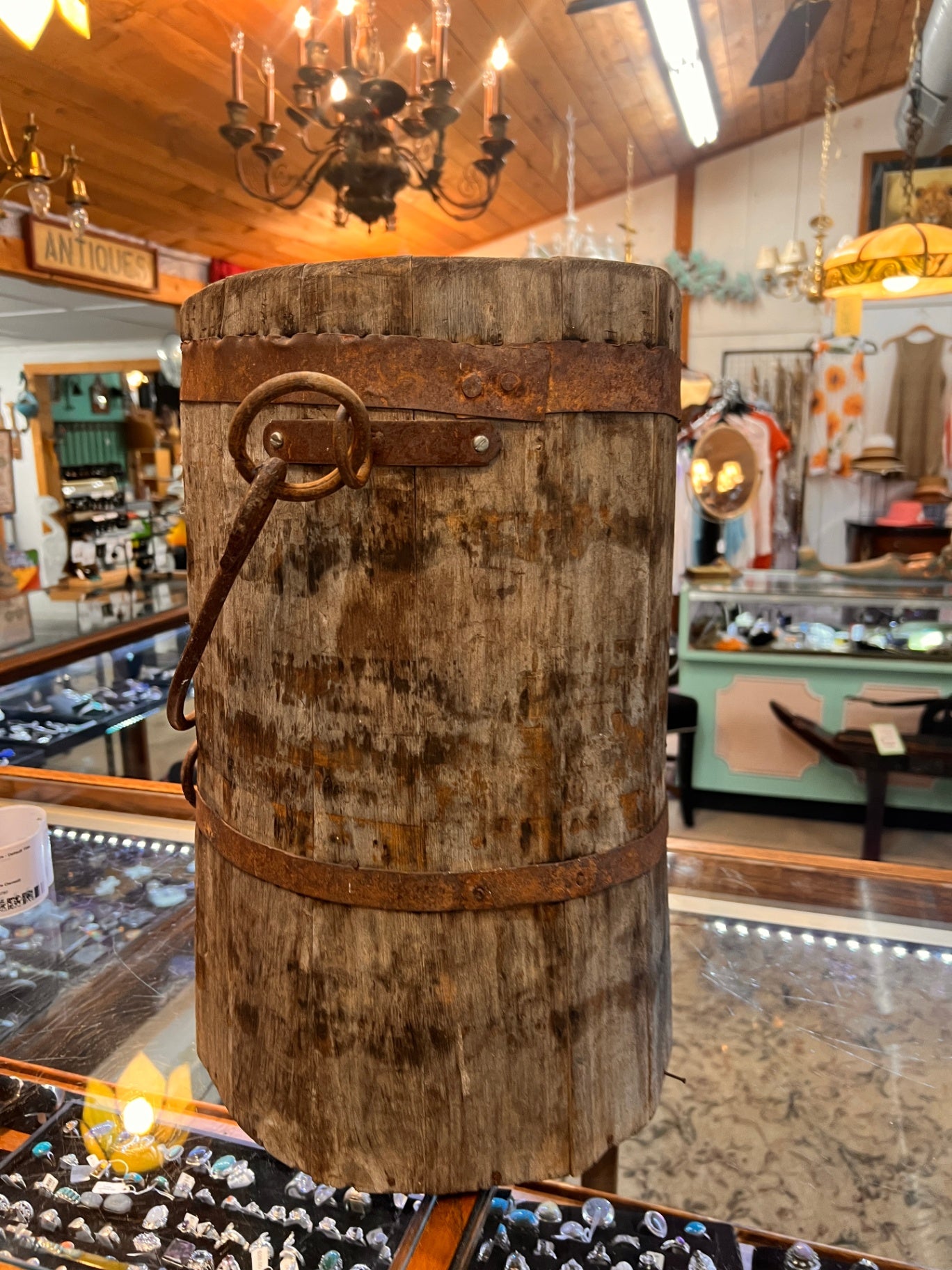 Antique wooden well bucket, ~18" tall, iron banded