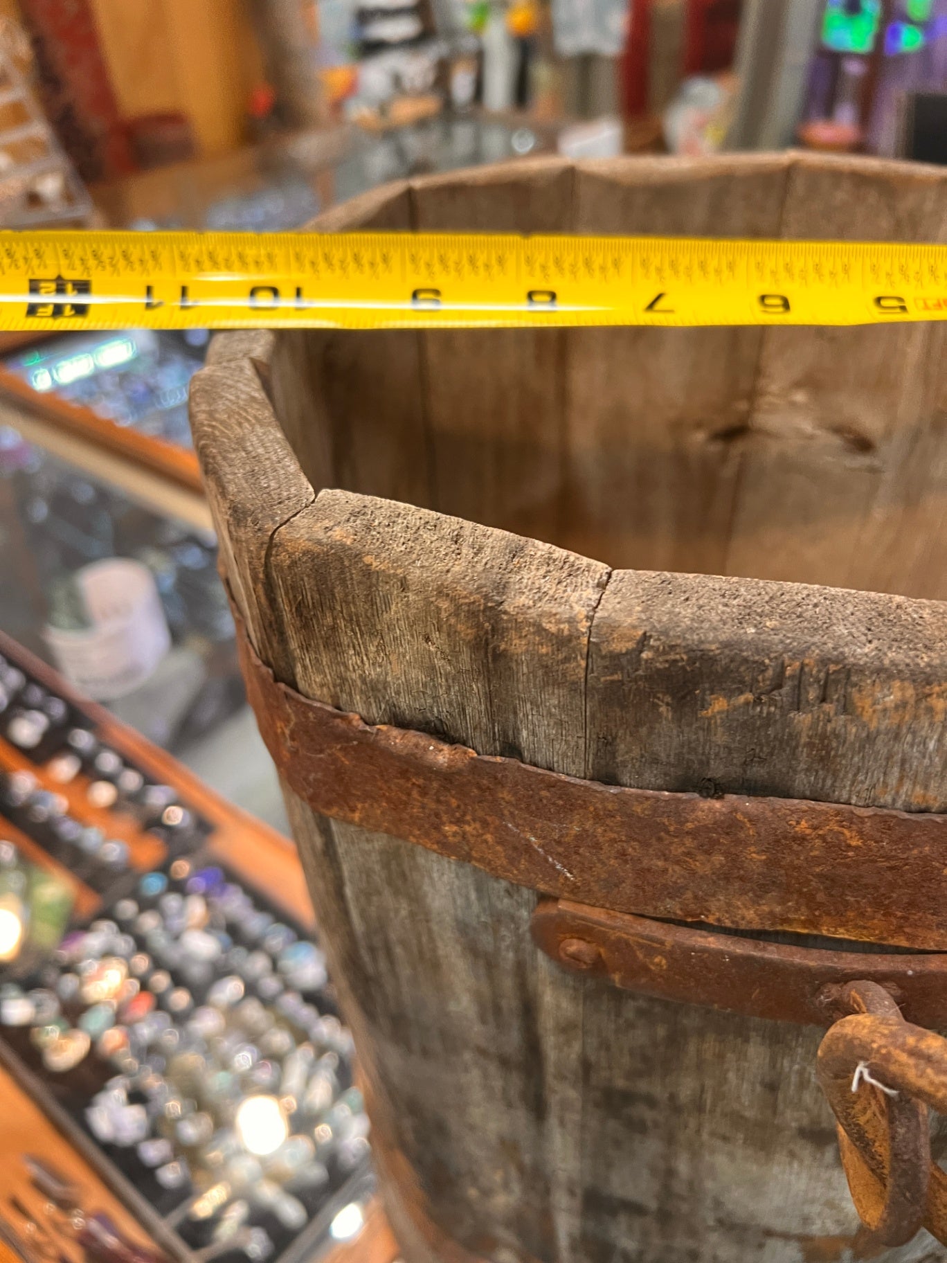Antique wooden well bucket, ~18" tall, iron banded