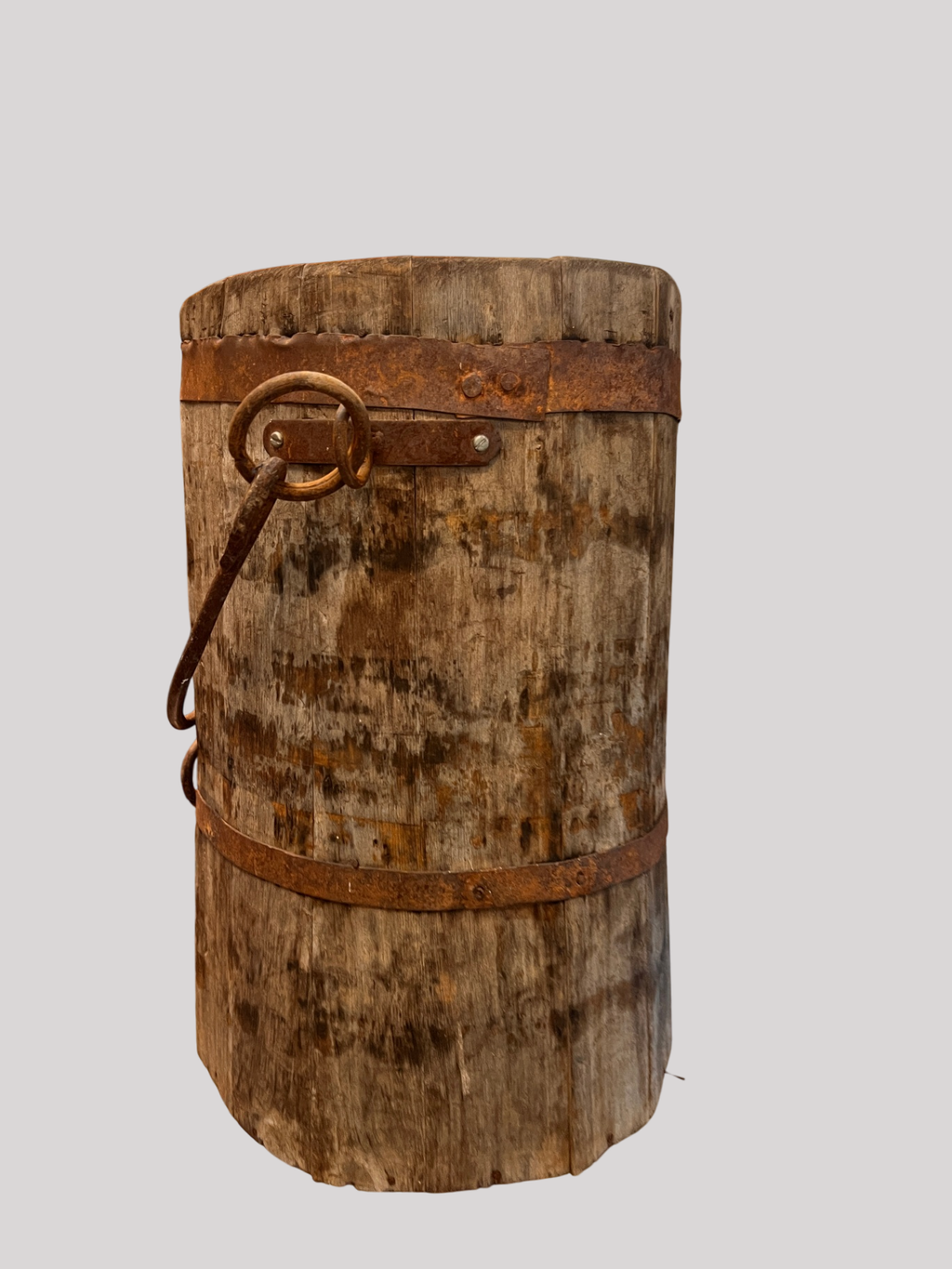 Antique wooden well bucket, ~18" tall, iron banded