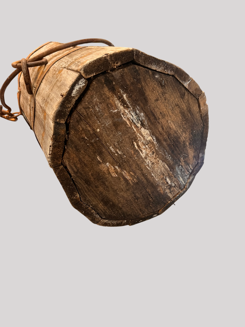 Antique wooden well bucket, ~18" tall, iron banded