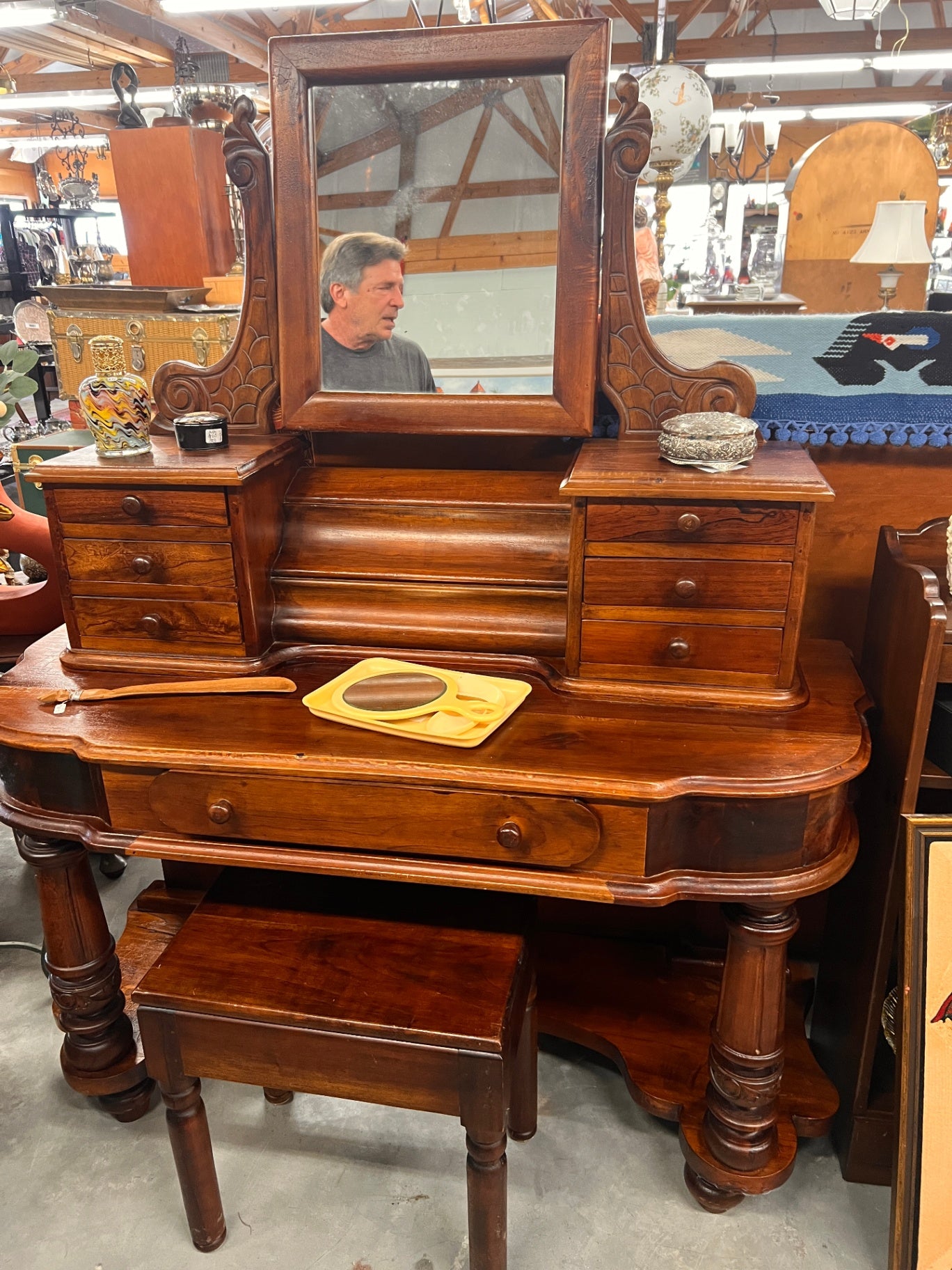 Antique Victorian Solid Wood Vanity Dressing Table with Mirror & Matching Stool – Carved Detail