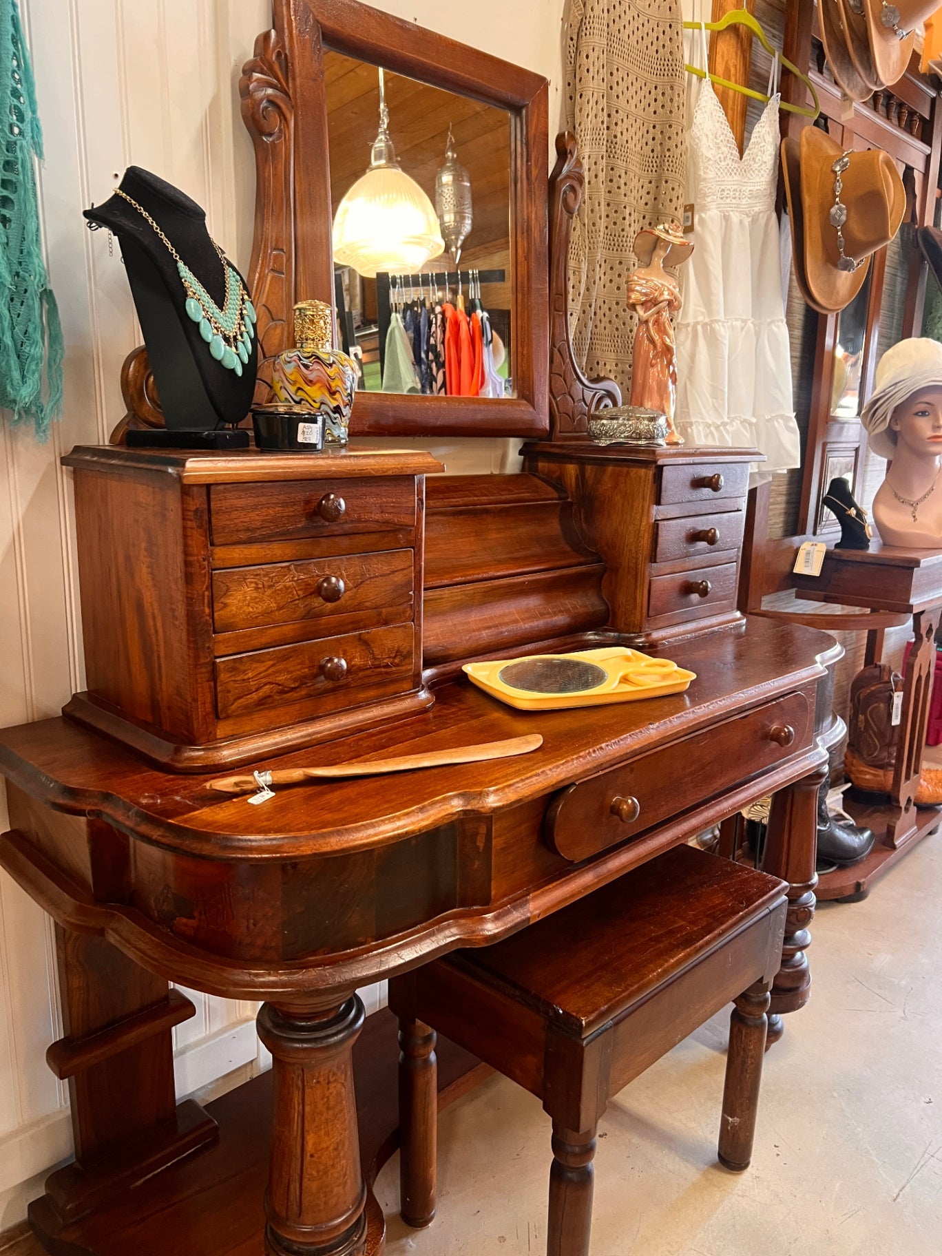 Antique Victorian Solid Wood Vanity Dressing Table with Mirror & Matching Stool – Carved Detail
