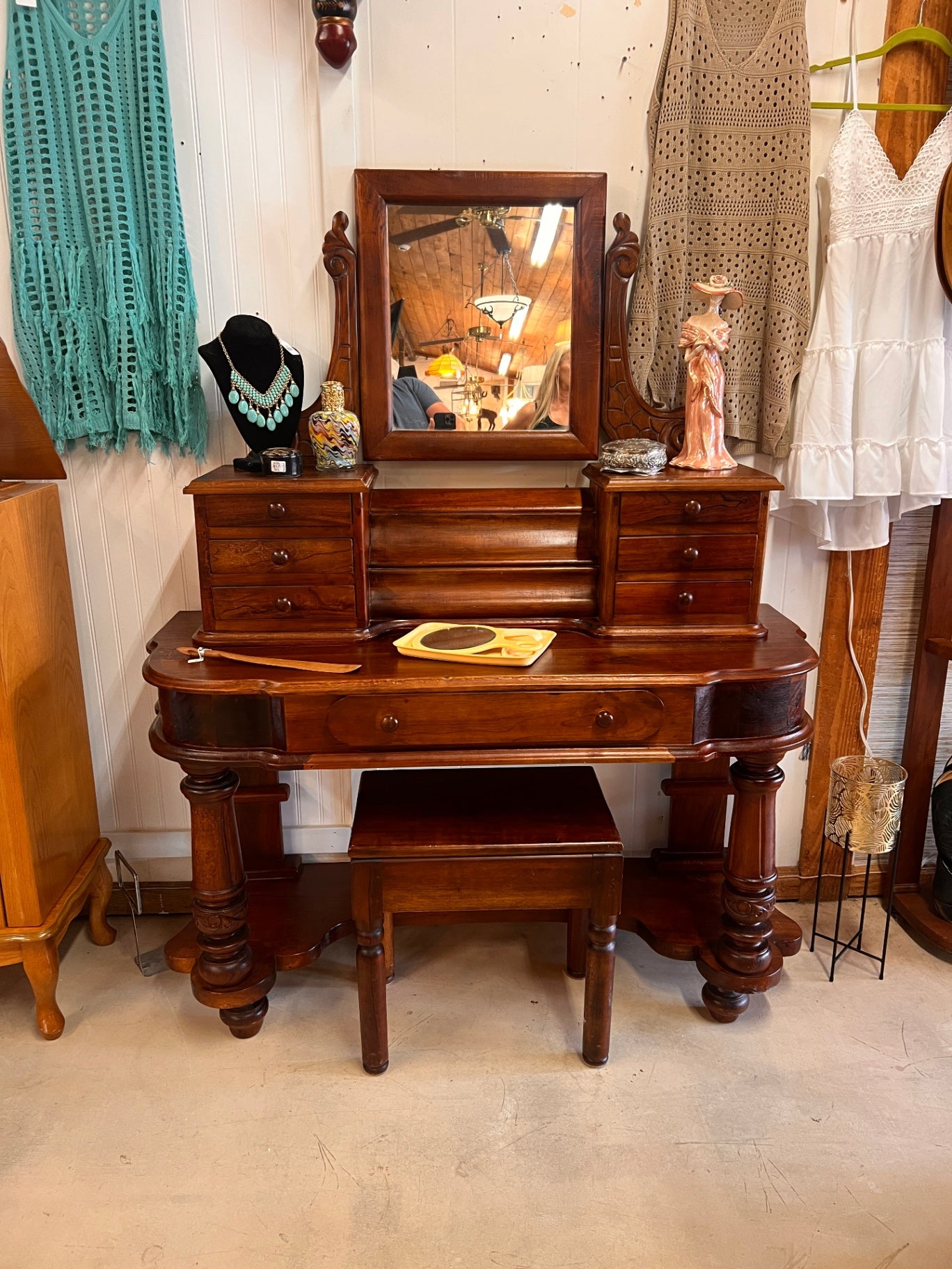 Antique Victorian Solid Wood Vanity Dressing Table with Mirror & Matching Stool – Carved Detail