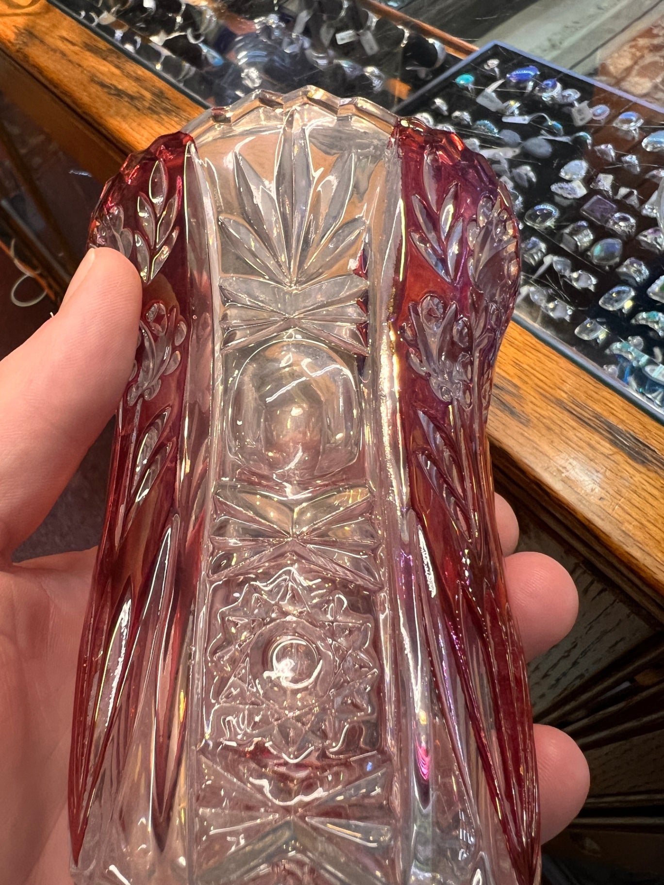 Early American Pattern Glass (EAPG) ruby-stained pressed glass vase, c. 1890–1910. Likely U.S. Glass Co. or similar maker