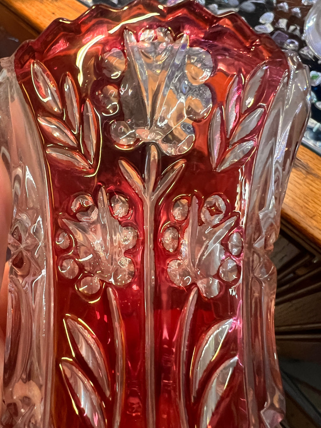 Early American Pattern Glass (EAPG) ruby-stained pressed glass vase, c. 1890–1910. Likely U.S. Glass Co. or similar maker
