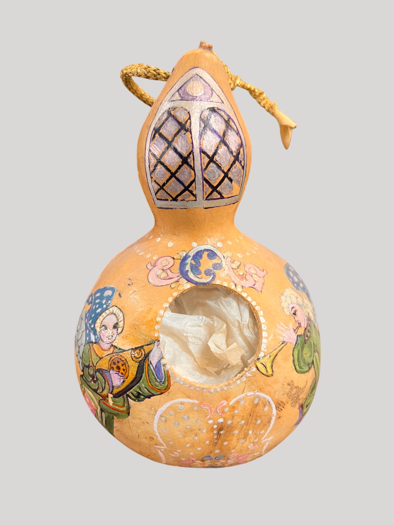 Hand-painted dried gourd ornament/lantern, signed Claire de Hoffman, dated 1997. Features angelic musicians and decorative motifs.