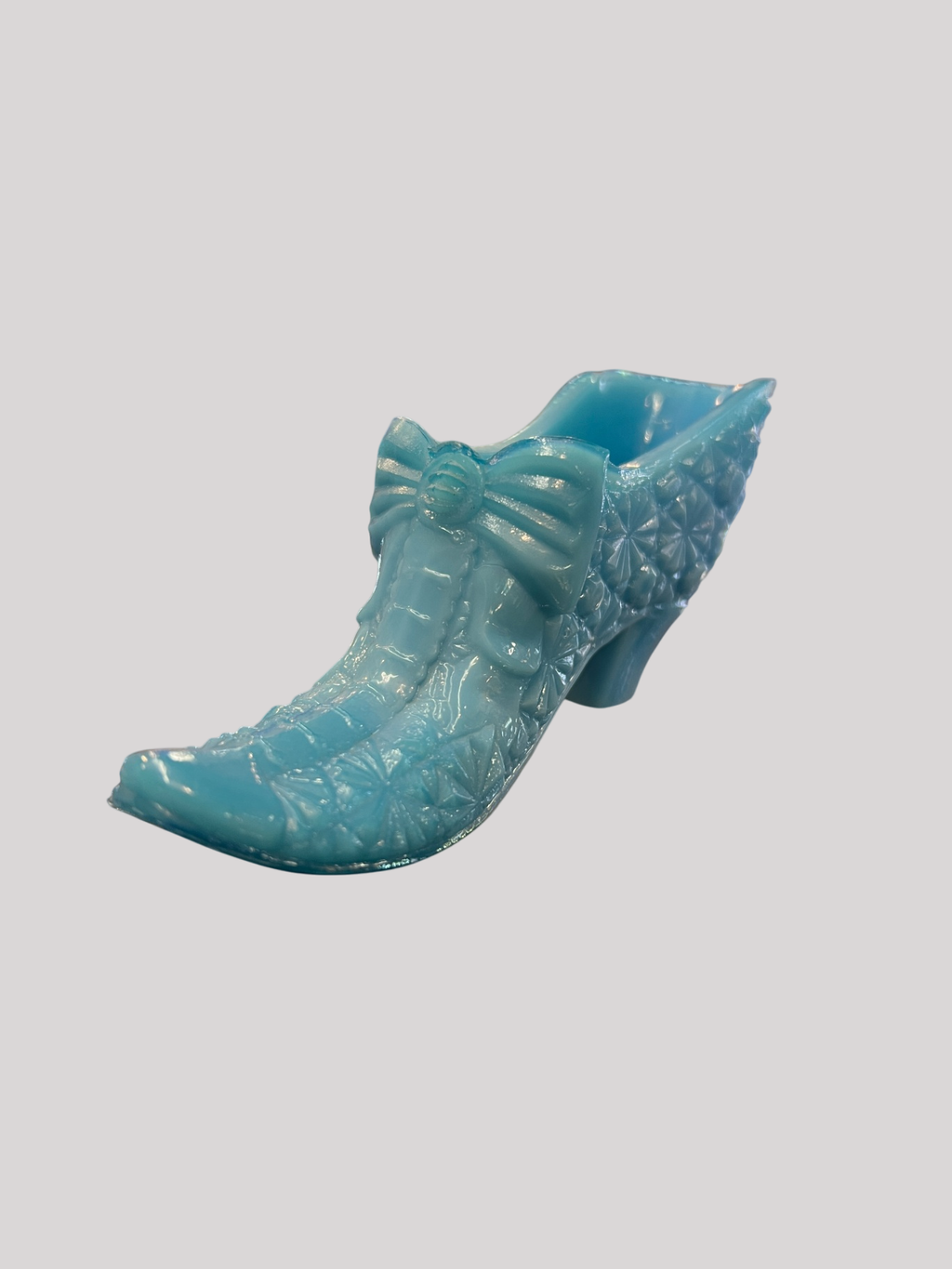 Pressed glass slipper shoe figurine, “Daisy and Button” pattern, likely by Fenton or Mosser Glass, in opaque light blue