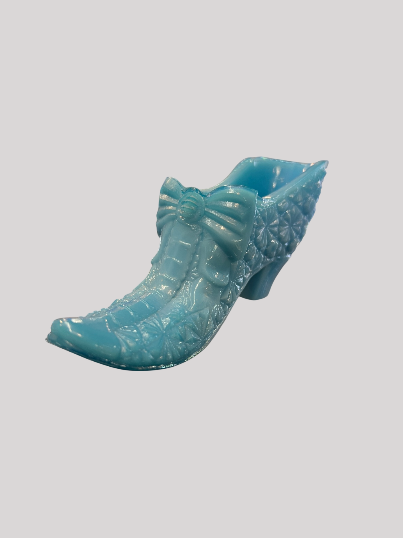 Pressed glass slipper shoe figurine, “Daisy and Button” pattern, likely by Fenton or Mosser Glass, in opaque light blue