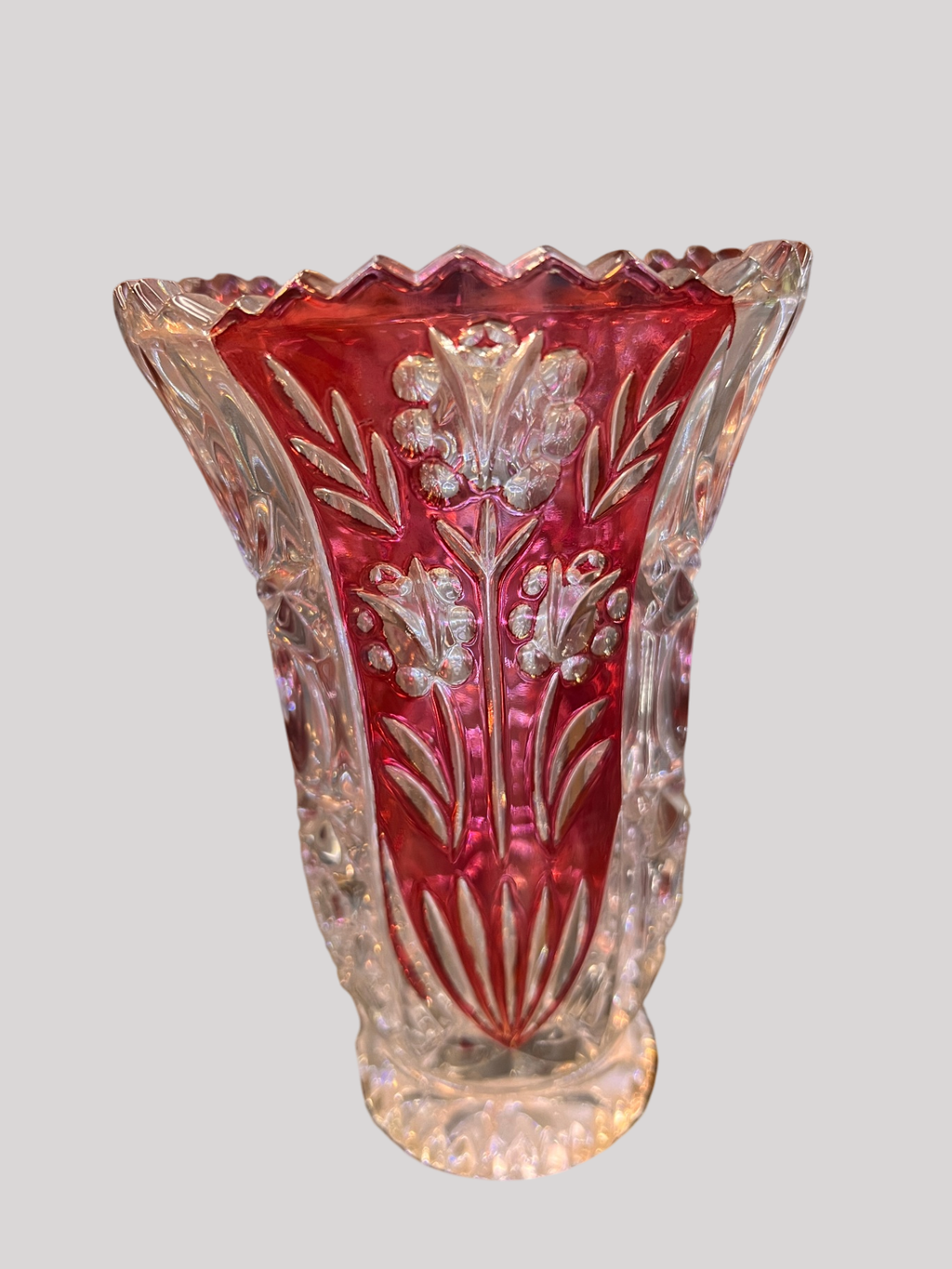 Early American Pattern Glass (EAPG) ruby-stained pressed glass vase, c. 1890–1910. Likely U.S. Glass Co. or similar maker