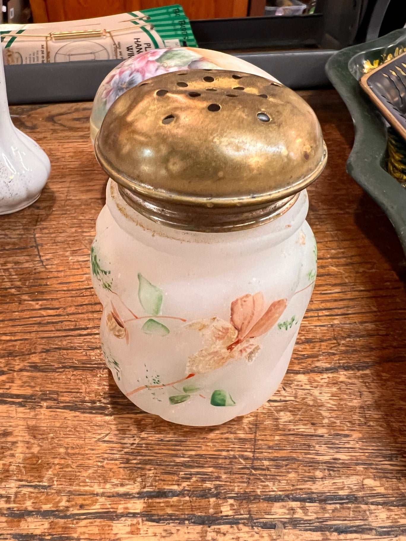 Victorian art glass jar with a metal shaker lid