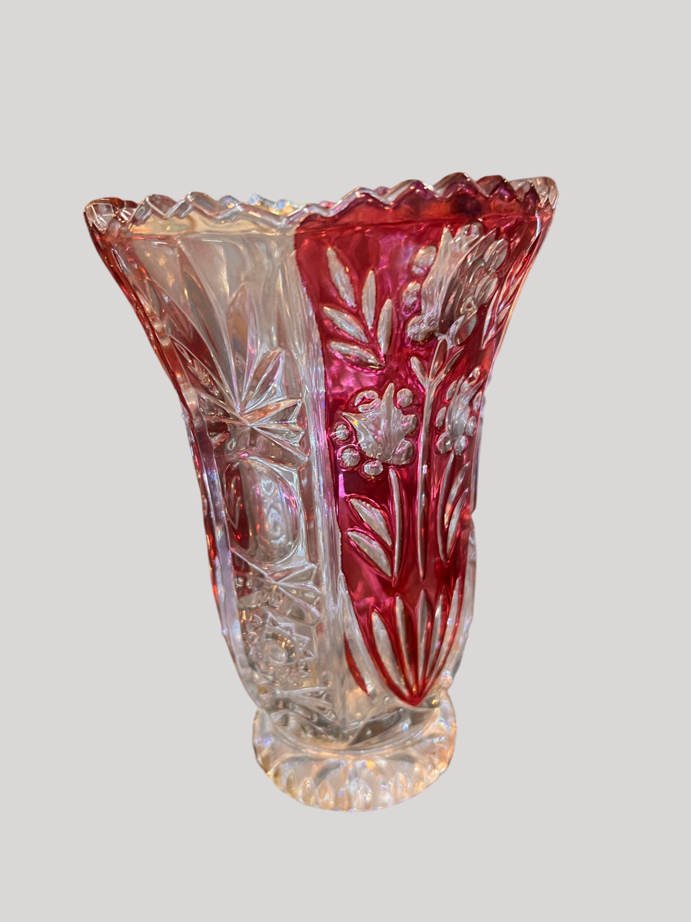 Early American Pattern Glass (EAPG) ruby-stained pressed glass vase, c. 1890–1910. Likely U.S. Glass Co. or similar maker