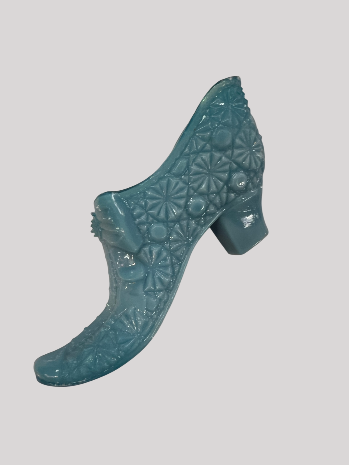 Pressed glass slipper shoe figurine, “Daisy and Button” pattern, likely by Fenton or Mosser Glass, in opaque light blue