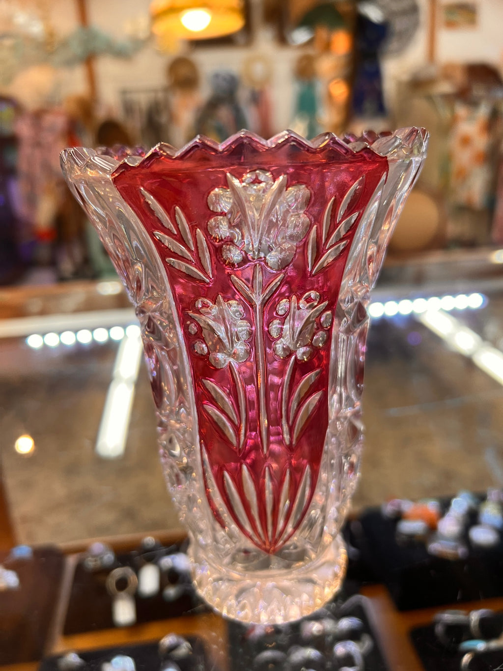 Early American Pattern Glass (EAPG) ruby-stained pressed glass vase, c. 1890–1910. Likely U.S. Glass Co. or similar maker