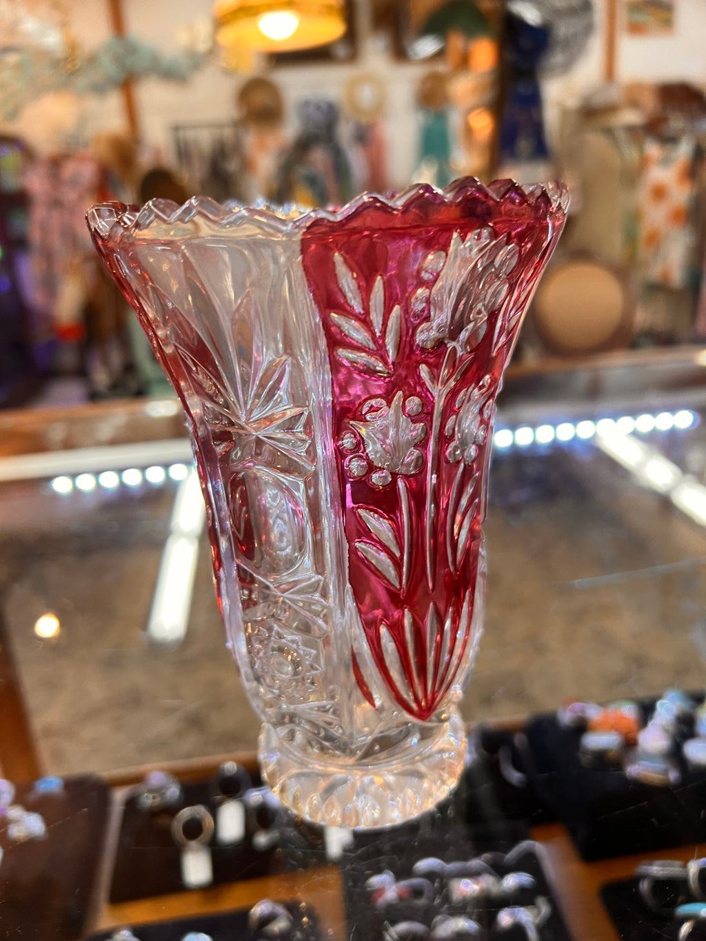 Early American Pattern Glass (EAPG) ruby-stained pressed glass vase, c. 1890–1910. Likely U.S. Glass Co. or similar maker