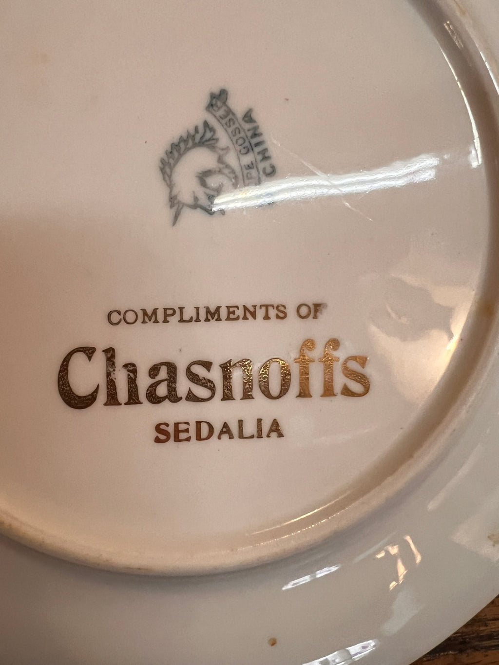 Chasnoffs Sedalia advertising plate (McCosmic China mark)