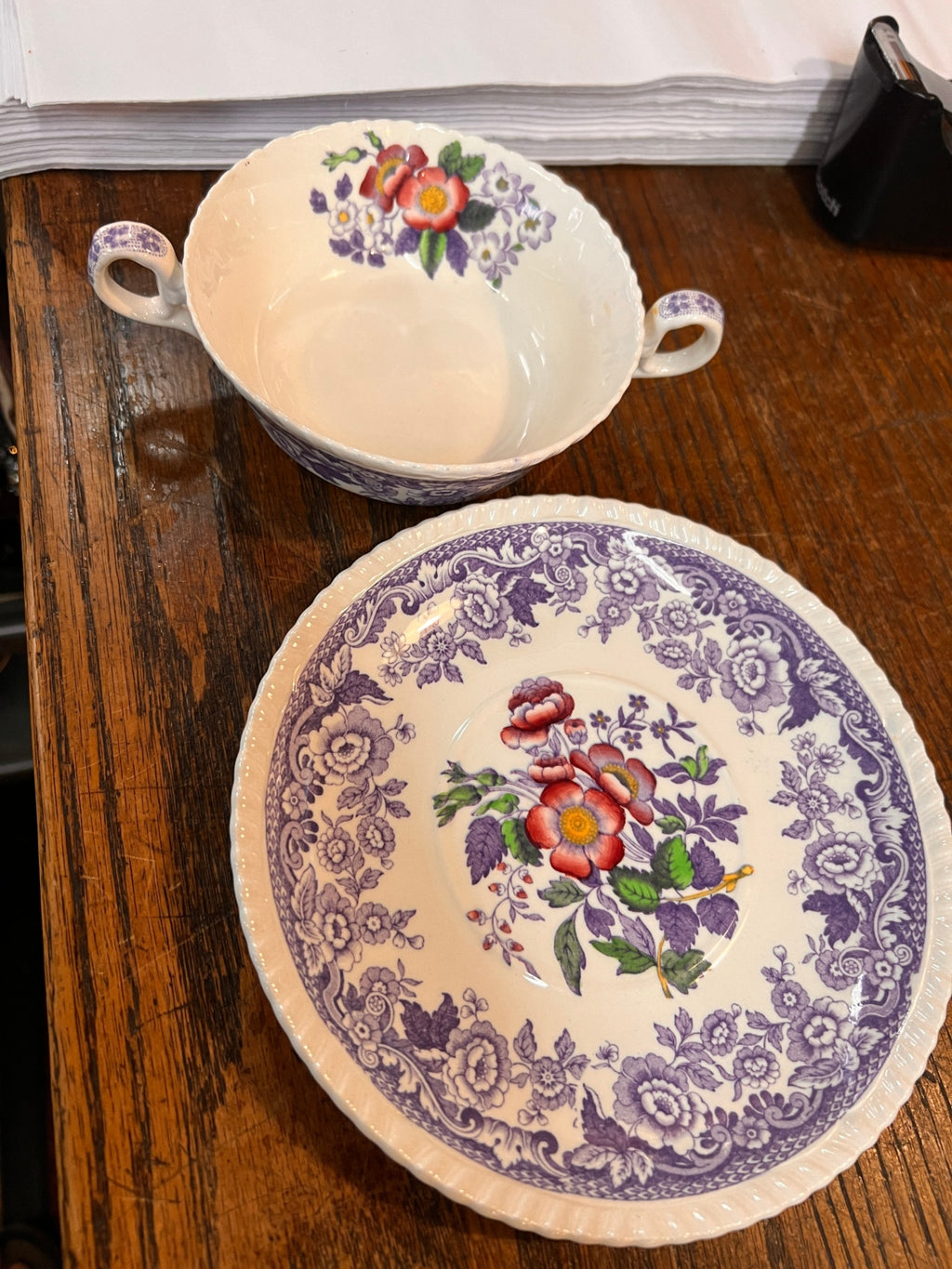 Spode Copeland “Mayflower” Cream Soup Cup & Saucer – Purple Transfer with Hand Enamel