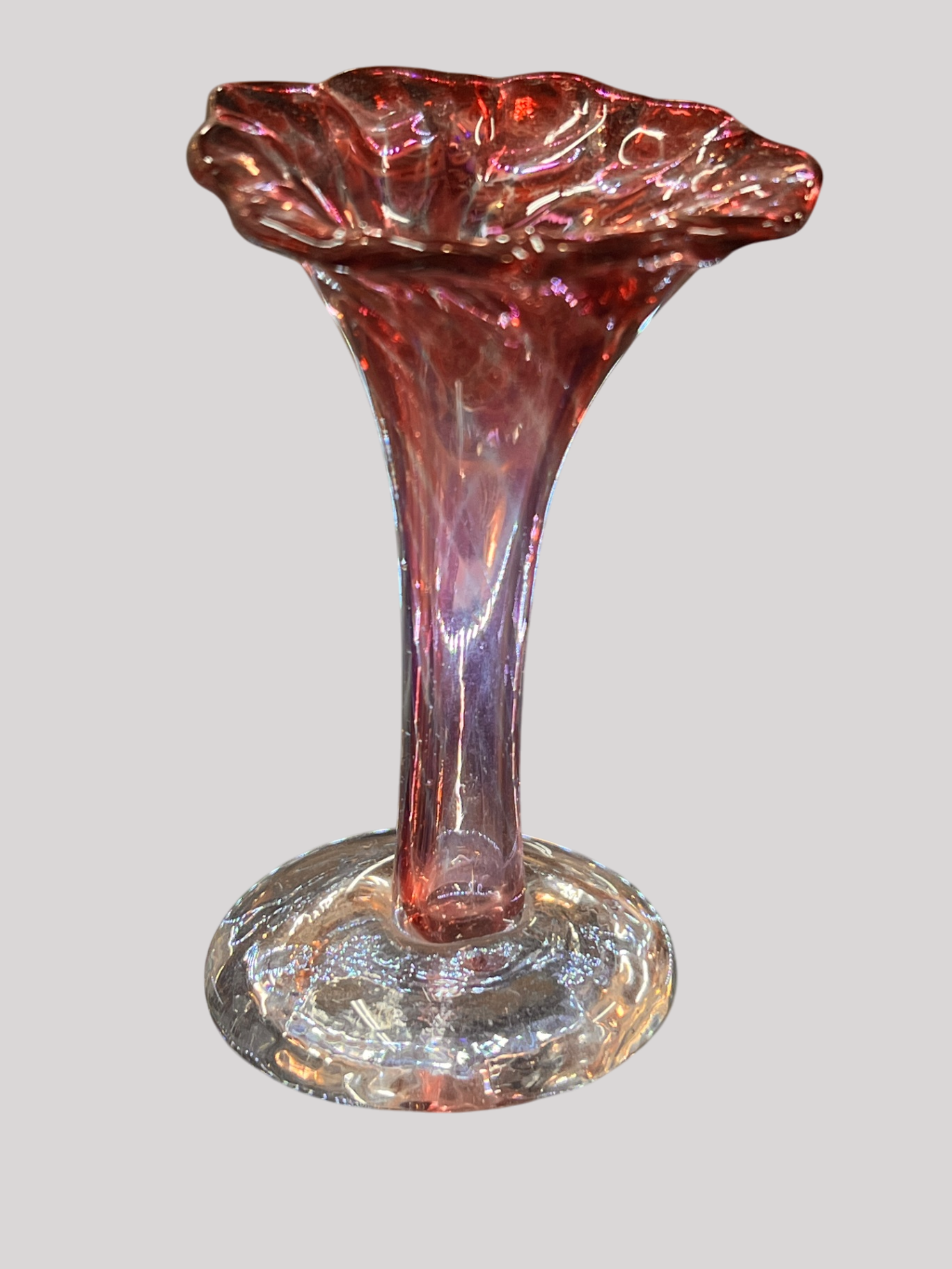 Vintage Hand-Blown Cranberry Glass Bud Vase with Ruffled Rim