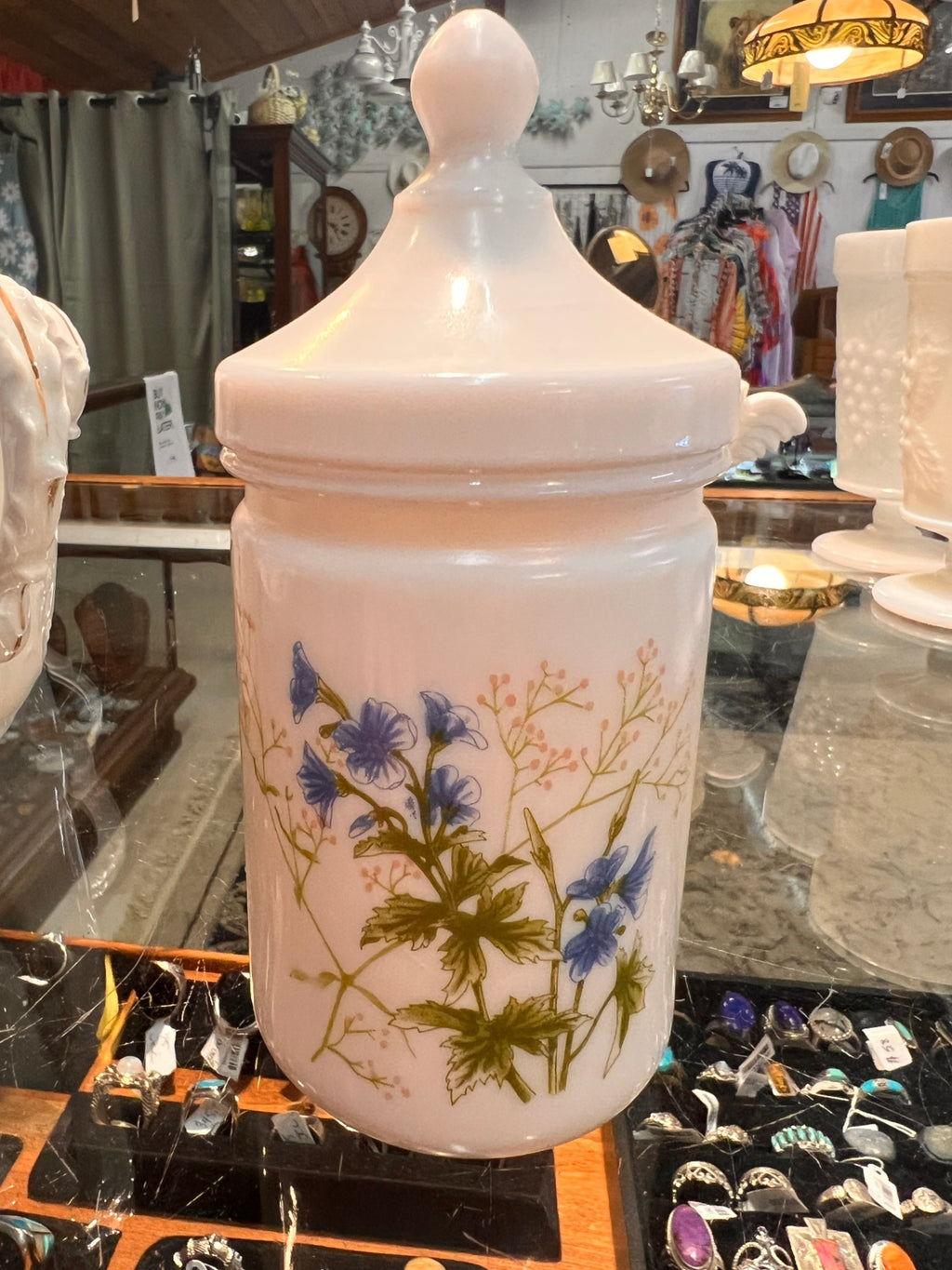 Antique French Opaline Glass Apothecary Jar – Hand Painted Floral, c.1900